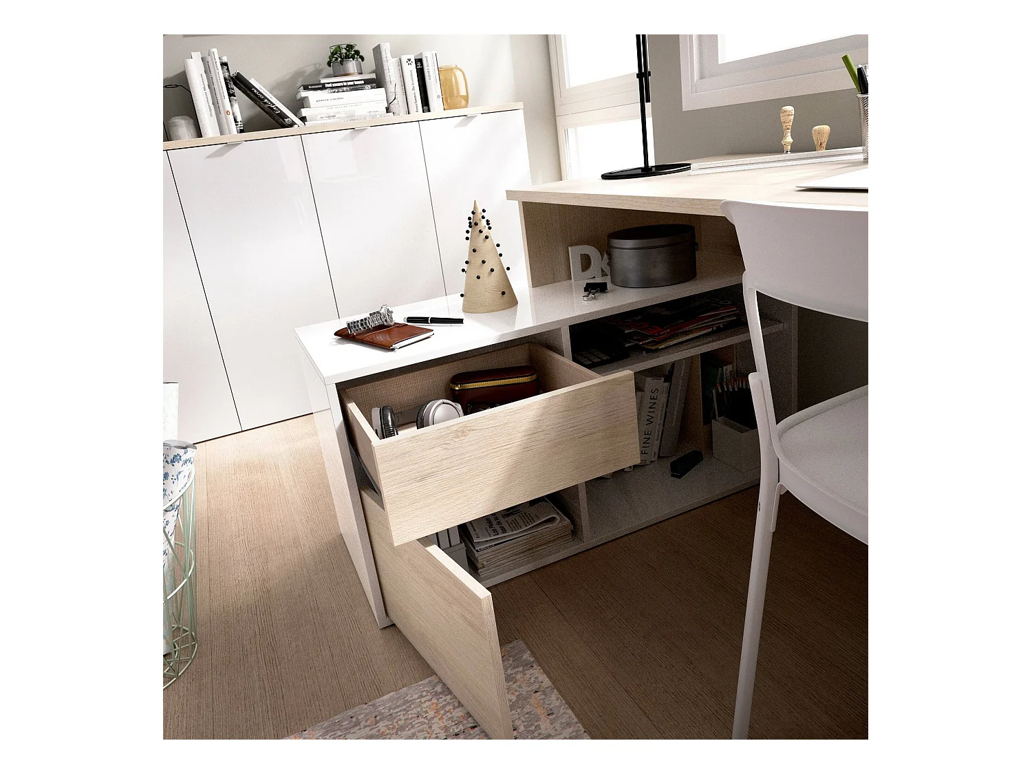 Secretária Gardena, Secretária multiposições para escritório ou quarto, Mesa de estudo multiusos de canto, 139x92h75 cm, Branco e Carvalho