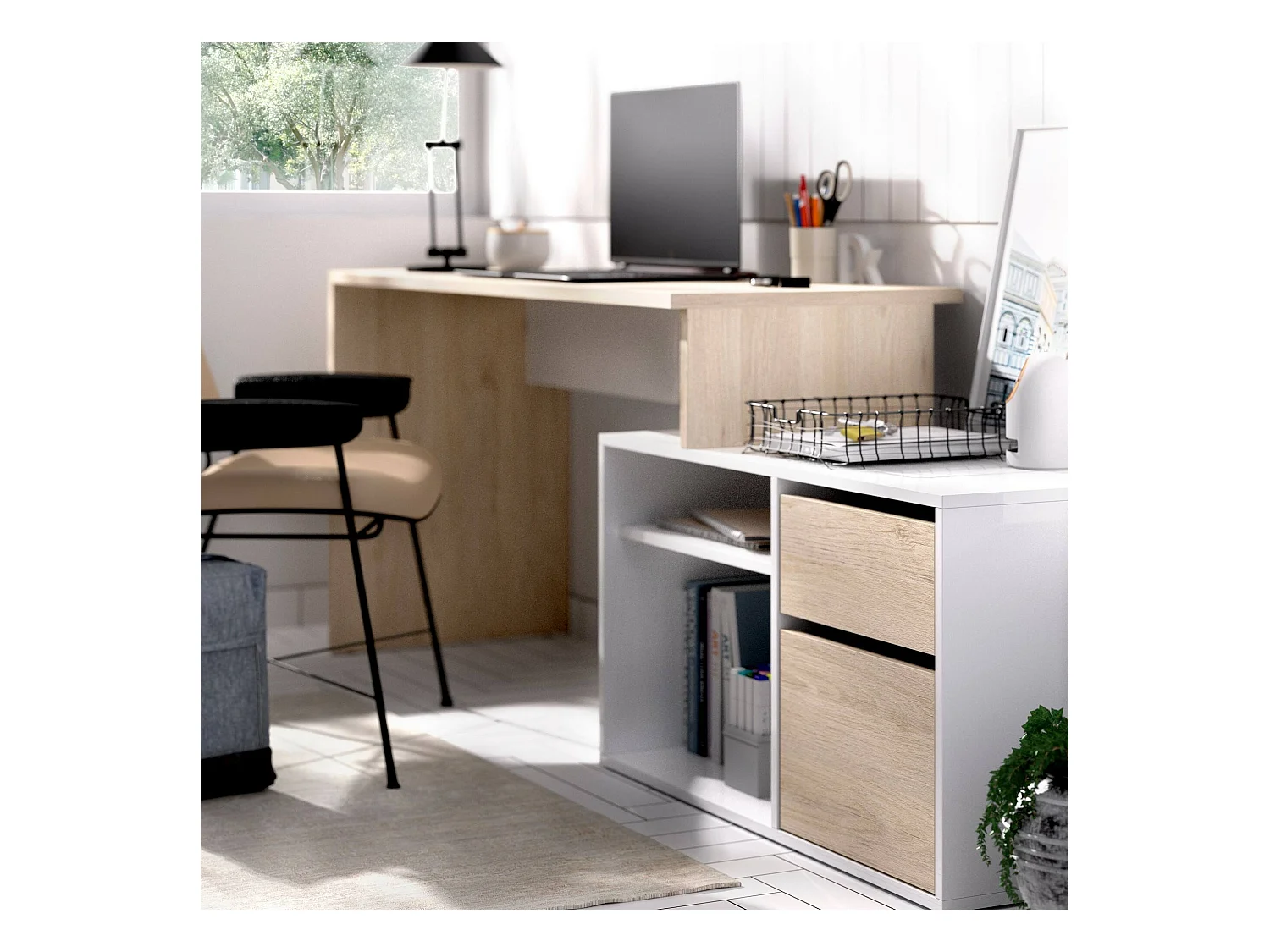 Secretária Gardena, Secretária multiposições para escritório ou quarto, Mesa de estudo multiusos de canto, 139x92h75 cm, Branco e Carvalho