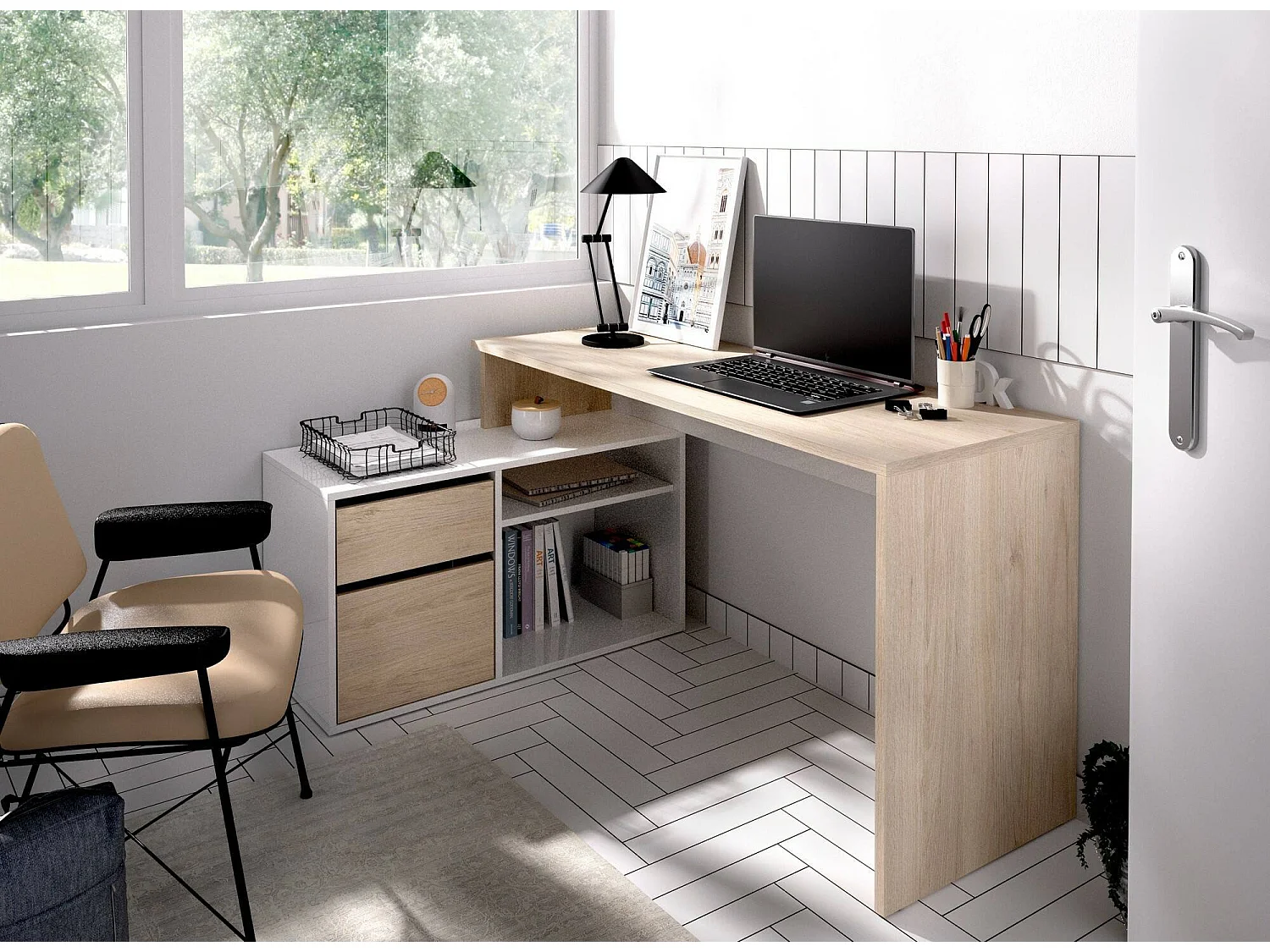 Bureau Gardena, Bureau multi-positions pour le bureau ou la chambre, Table d'étude d'angle polyvalente, 139x92h75 cm, Blanc et Chêne