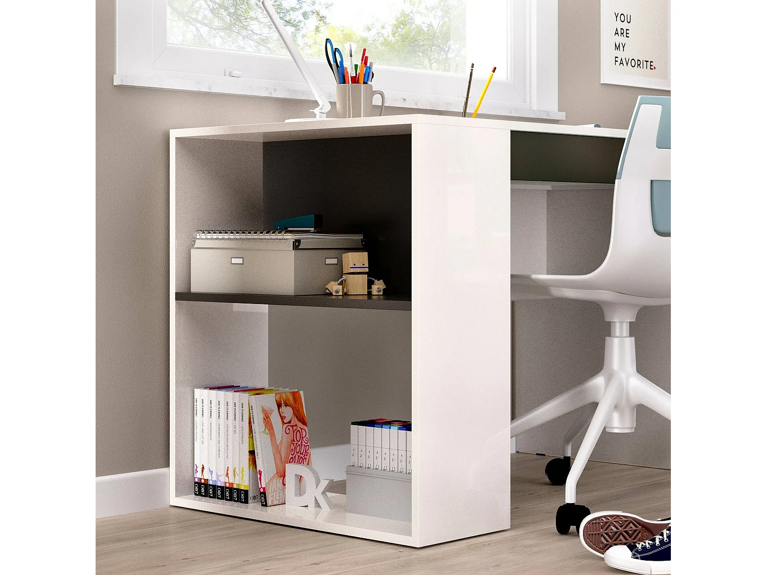 Grigna Bureau, Multifunctioneel bureau voor kantoor of slaapkamer, Lineaire studeertafel met planken, 115x50h74 cm, Wit en Antraciet