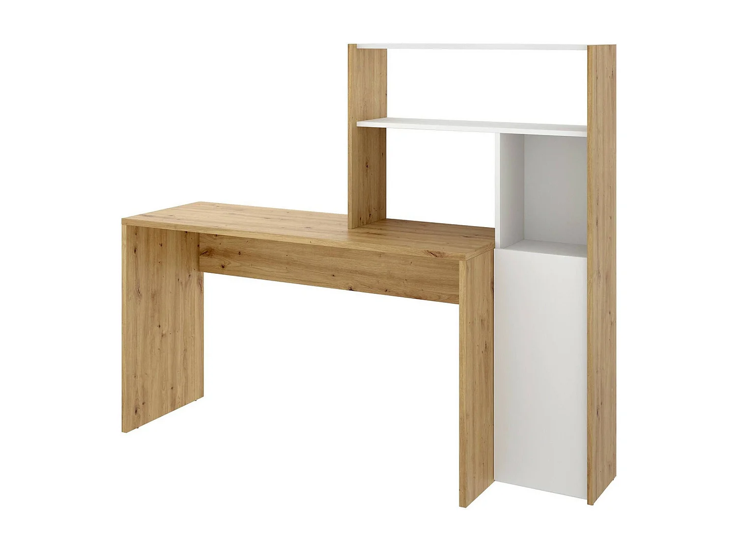 Bureau Ferrante, Bureau multi-positions avec bibliothèque, Table d'étude d'angle avec 1 porte, 111x82h139 cm, Blanc et Chêne Noeud