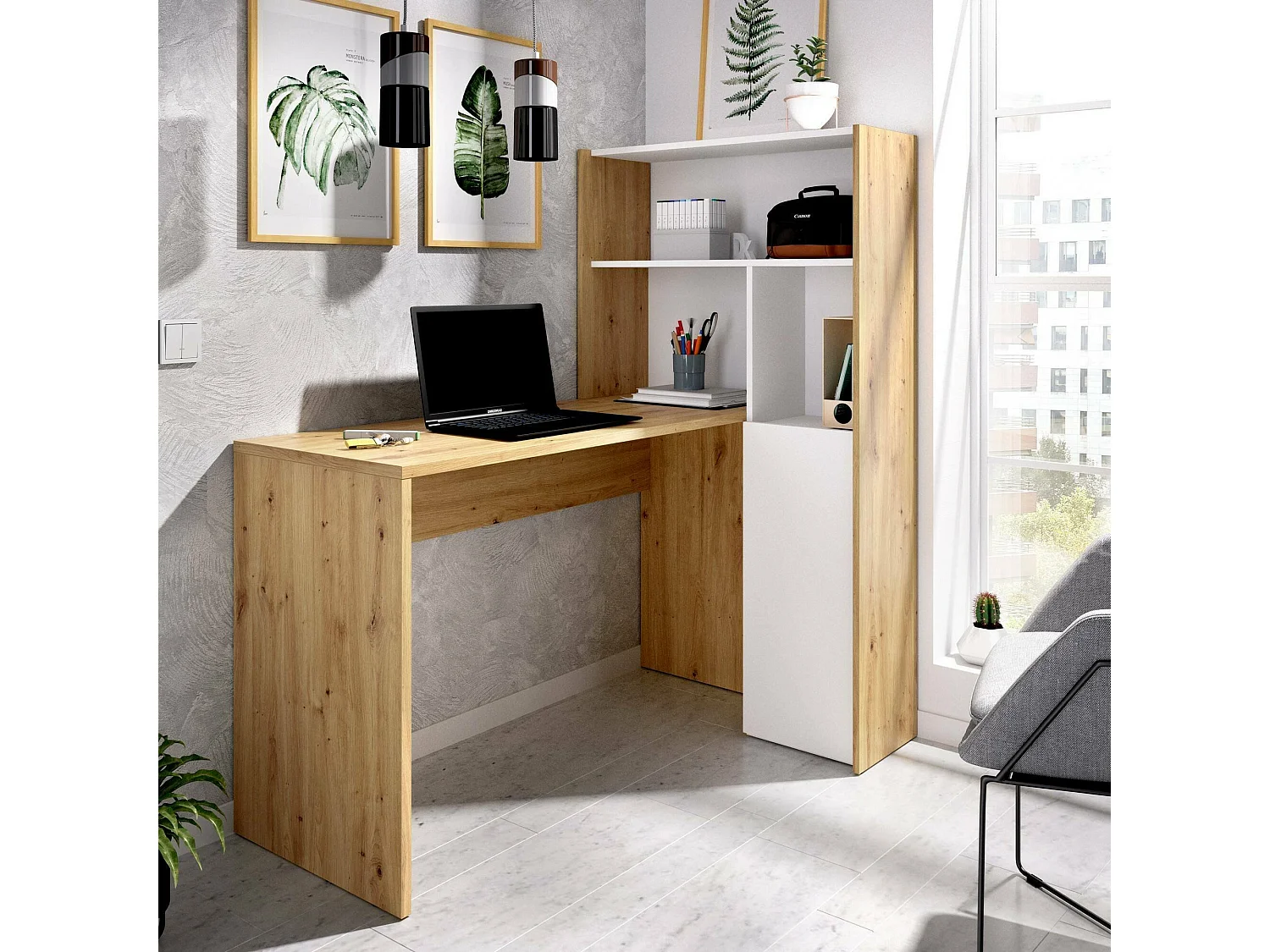 Bureau Ferrante, Bureau multi-positions avec bibliothèque, Table d'étude d'angle avec 1 porte, 111x82h139 cm, Blanc et Chêne Noeud