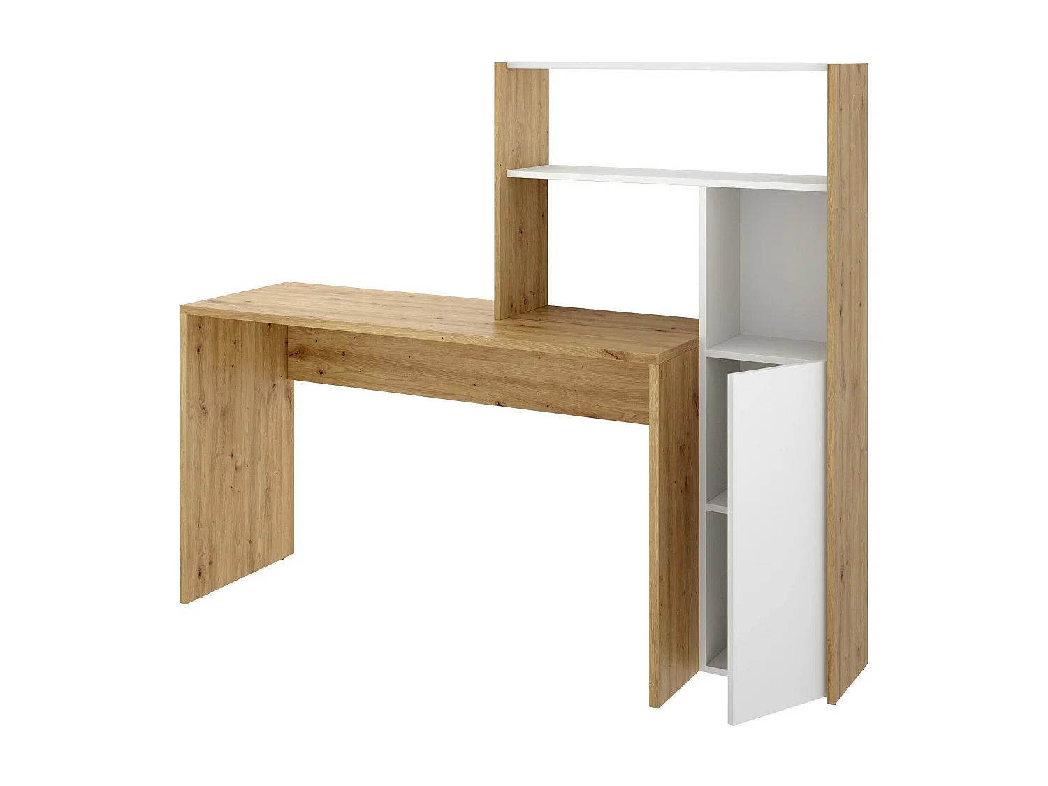 Bureau Ferrante, Bureau multi-positions avec bibliothèque, Table d'étude d'angle avec 1 porte, 111x82h139 cm, Blanc et Chêne Noeud