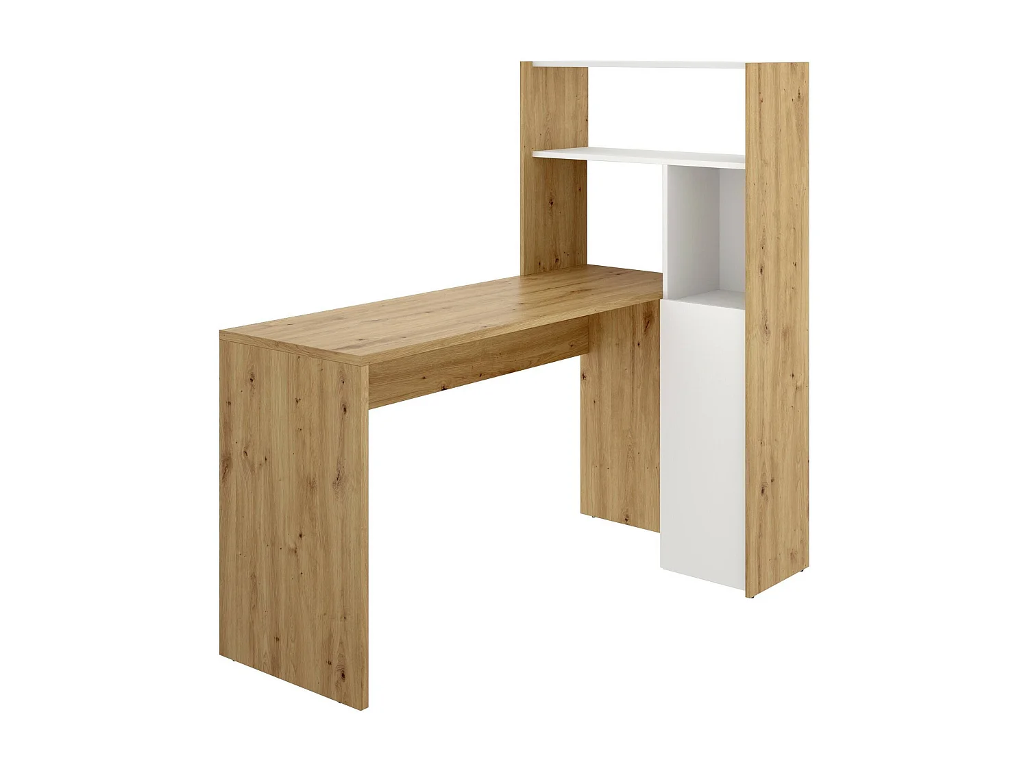 Bureau Ferrante, Bureau multi-positions avec bibliothèque, Table d'étude d'angle avec 1 porte, 111x82h139 cm, Blanc et Chêne Noeud