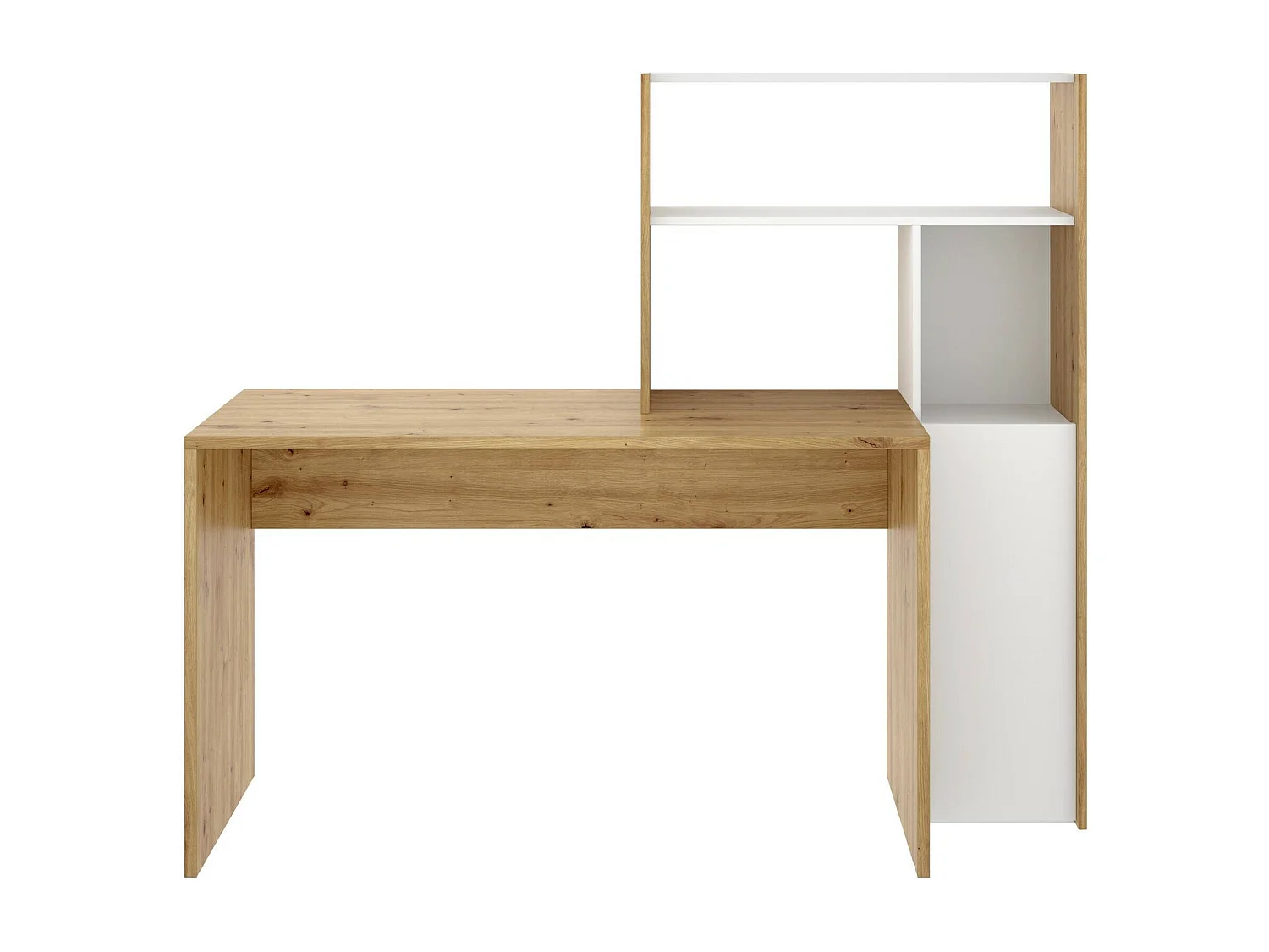 Bureau Ferrante, Bureau multi-positions avec bibliothèque, Table d'étude d'angle avec 1 porte, 111x82h139 cm, Blanc et Chêne Noeud