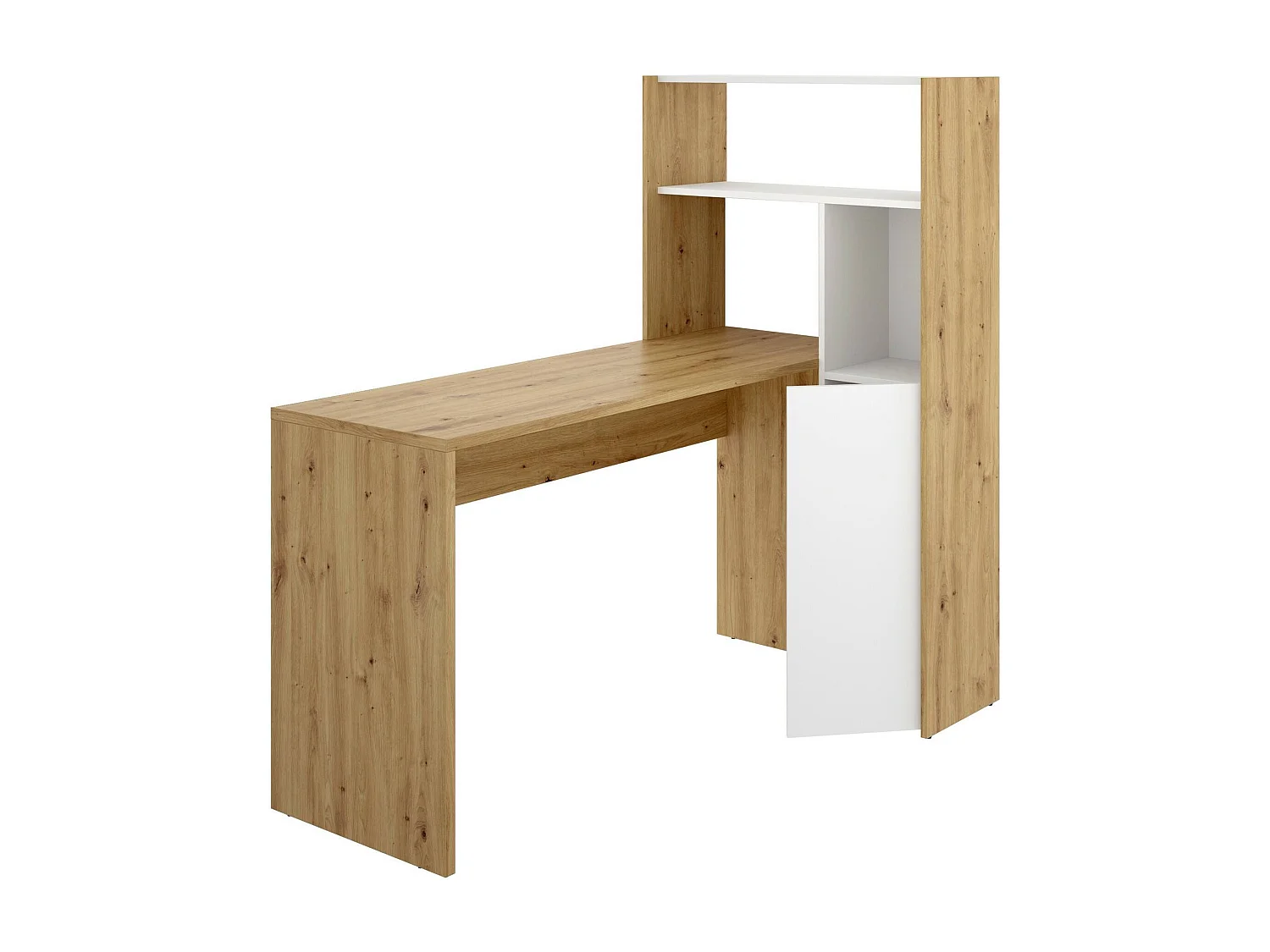 Bureau Ferrante, Bureau multi-positions avec bibliothèque, Table d'étude d'angle avec 1 porte, 111x82h139 cm, Blanc et Chêne Noeud