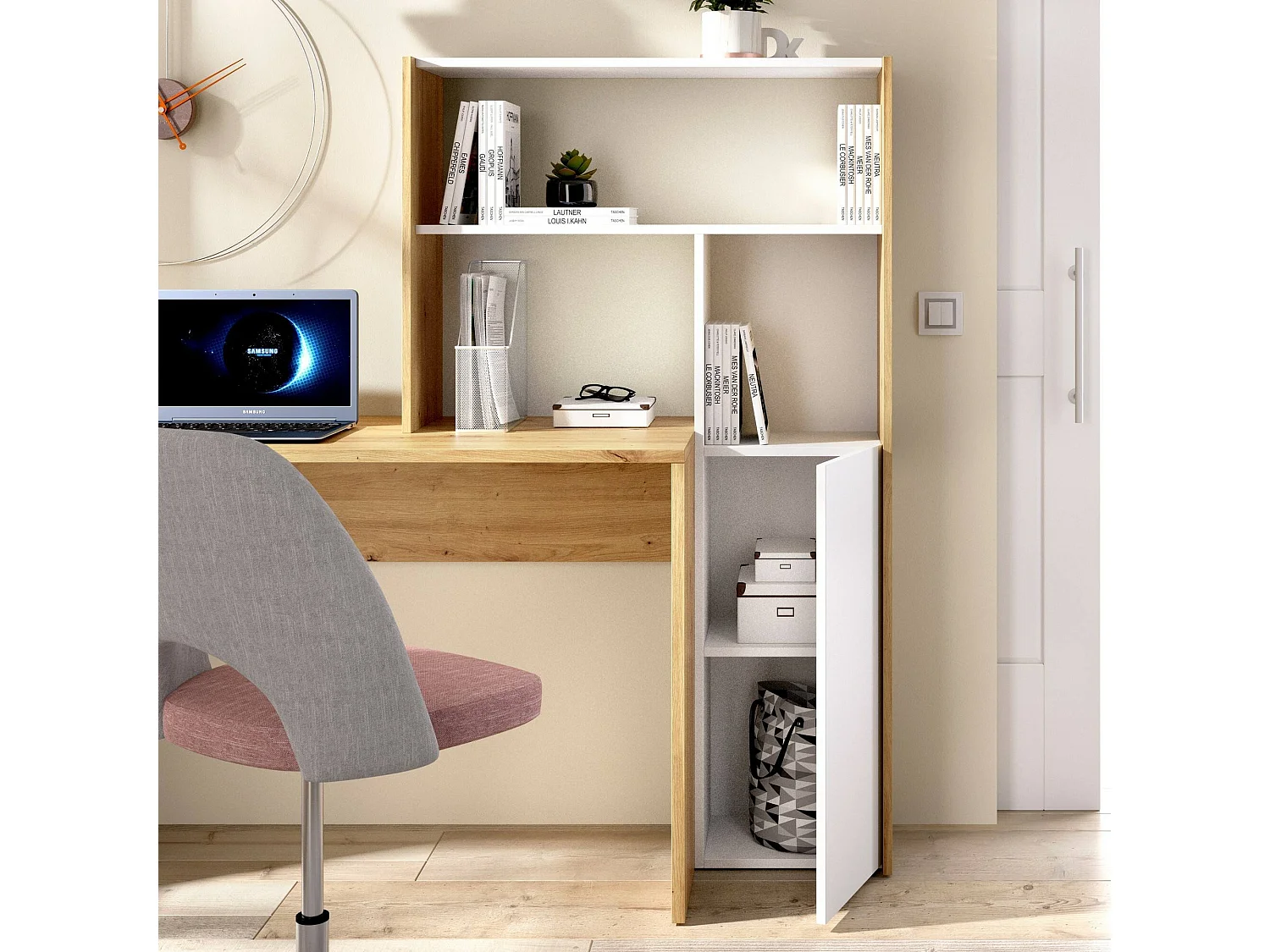 Bureau Ferrante, Bureau multi-positions avec bibliothèque, Table d'étude d'angle avec 1 porte, 111x82h139 cm, Blanc et Chêne Noeud