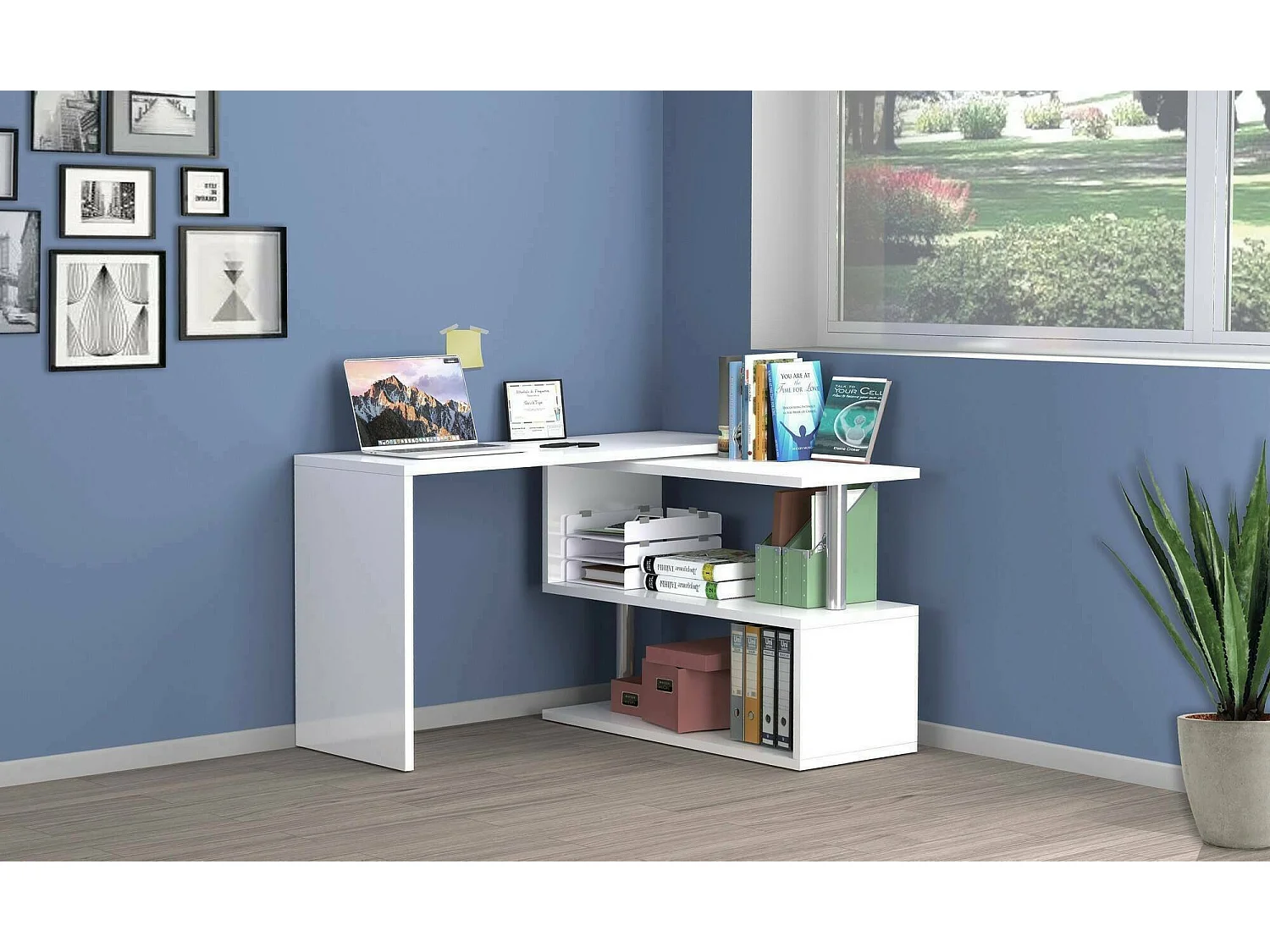 Scrivania Candido, Scrittoio angolare porta PC, Tavolo multiuso per ufficio, Scrivania salvaspazio multiposizione, 100% Made in Italy, cm 120x50h75, Bianco lucido