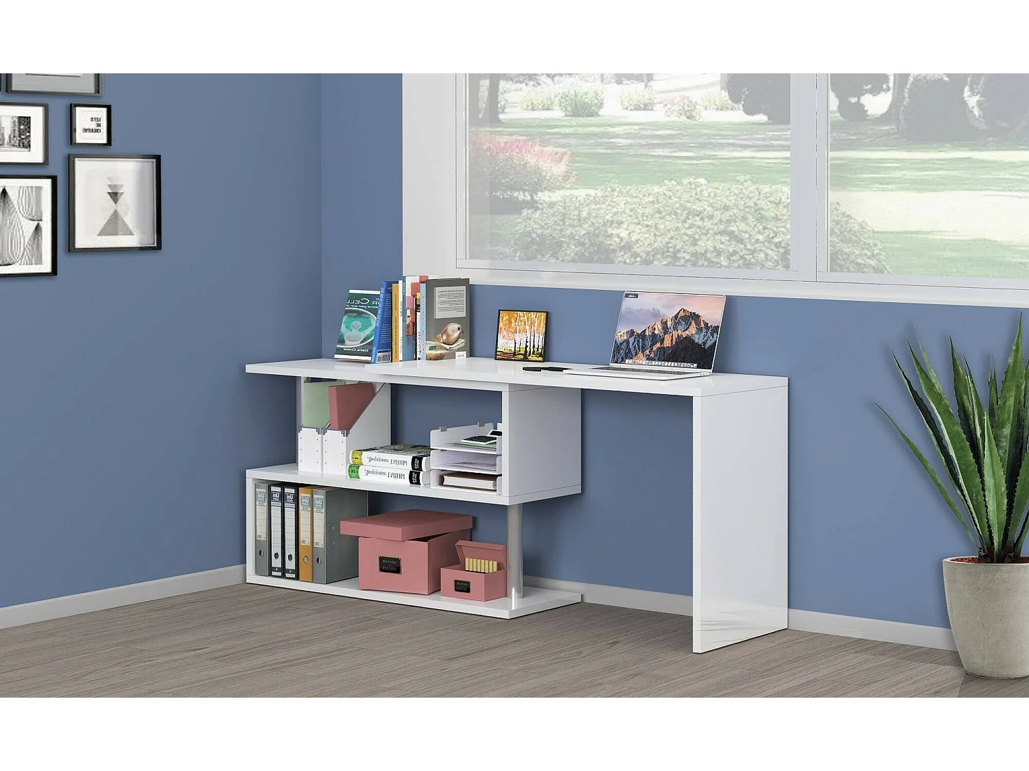 Scrivania Candido, Scrittoio angolare porta PC, Tavolo multiuso per ufficio, Scrivania salvaspazio multiposizione, 100% Made in Italy, cm 120x50h75, Bianco lucido