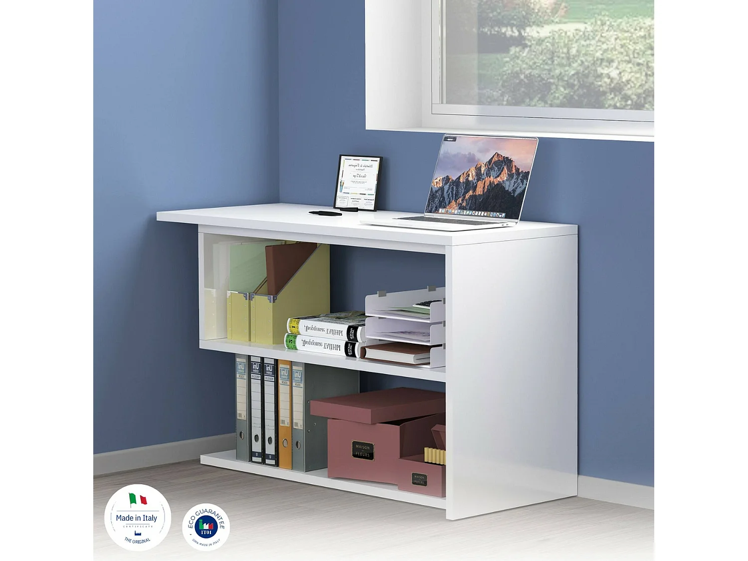 Mesa Candido, Mesa de canto para PC, Mesa de escritório multiuso, Mesa multiposições que economiza espaço, 100% Fabricado na Itália, 120x50h75 cm, Branco brilhante