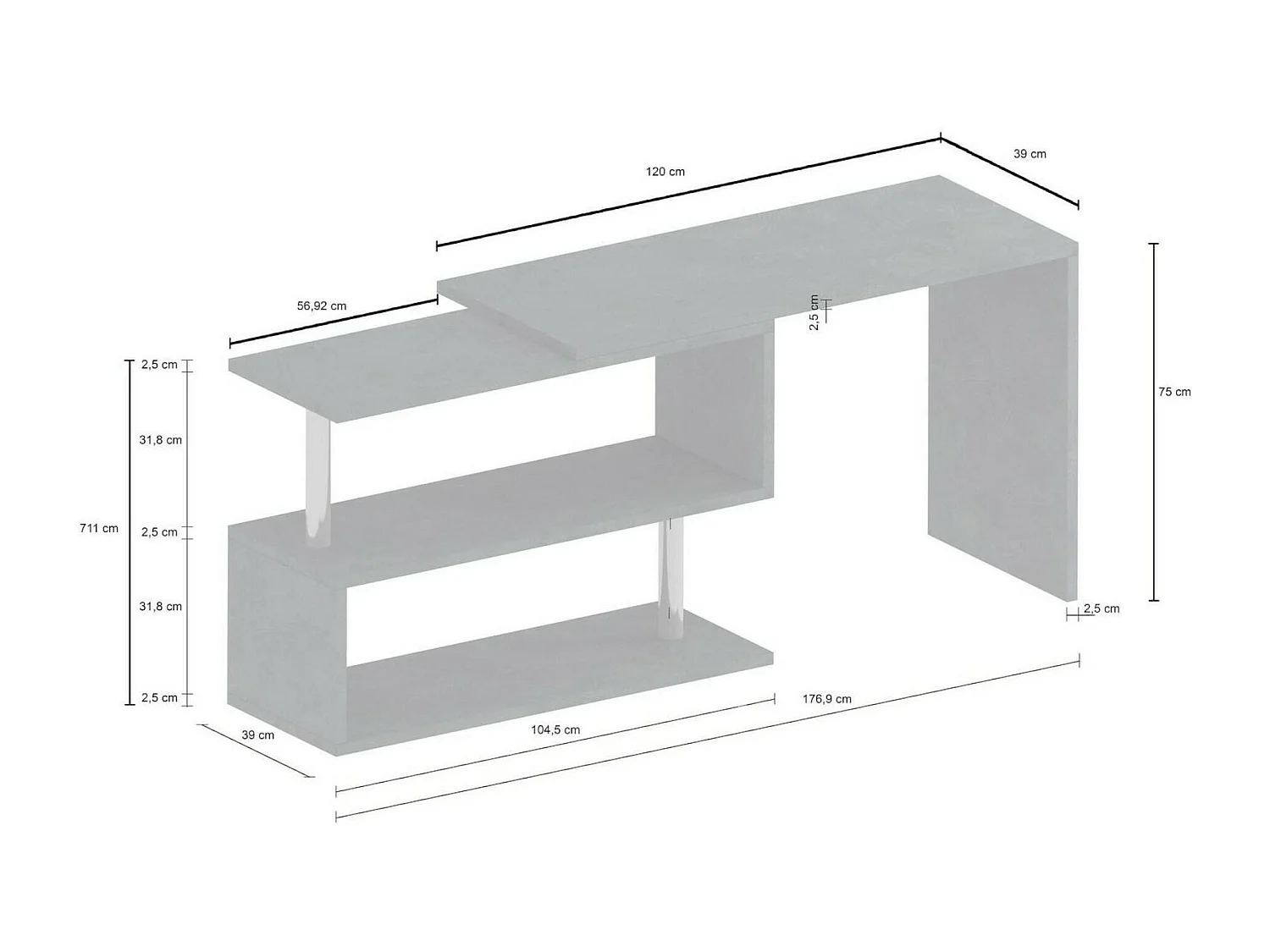 Dmora Scrivania Candido 50x120x75h cm Bianco Lucido Modulabile 2 Cassetti, Angolare Made in Italy