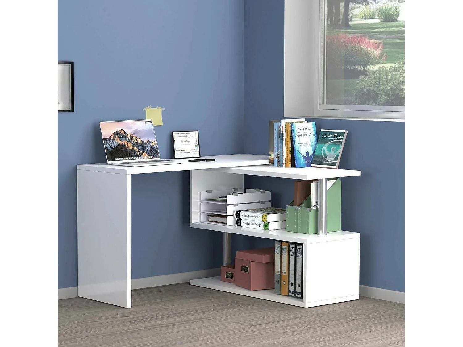 Dmora Bureau Candido 50x120x75h cm Wit Glanzend Hoek, 2 Planken Made in Italy
