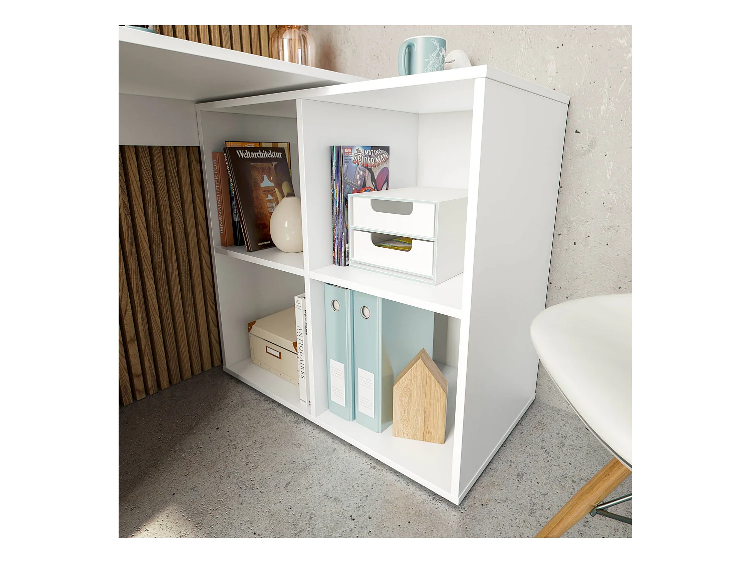 Bureau Revere, Bureau d'angle, Table de bureau polyvalente, Bureau multi-positions peu encombrant, 152x49h74 cm, Blanc