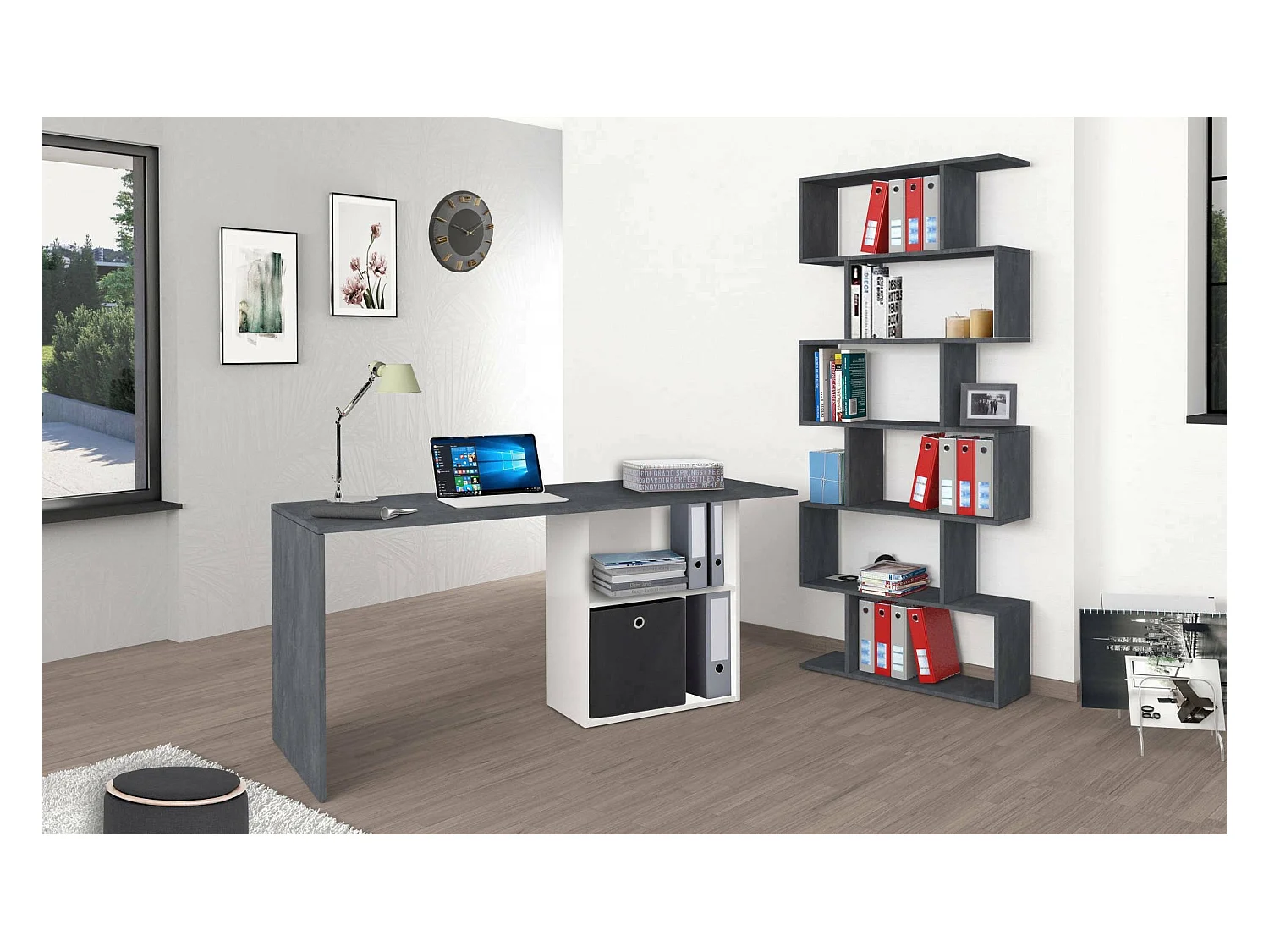 Dmait bureau, Lineair PC-bureau, Multifunctionele kantoortafel, Ruimtebesparend bureau, 100% Made in Italy, 110x50h75 cm, Glanzend wit en leisteen