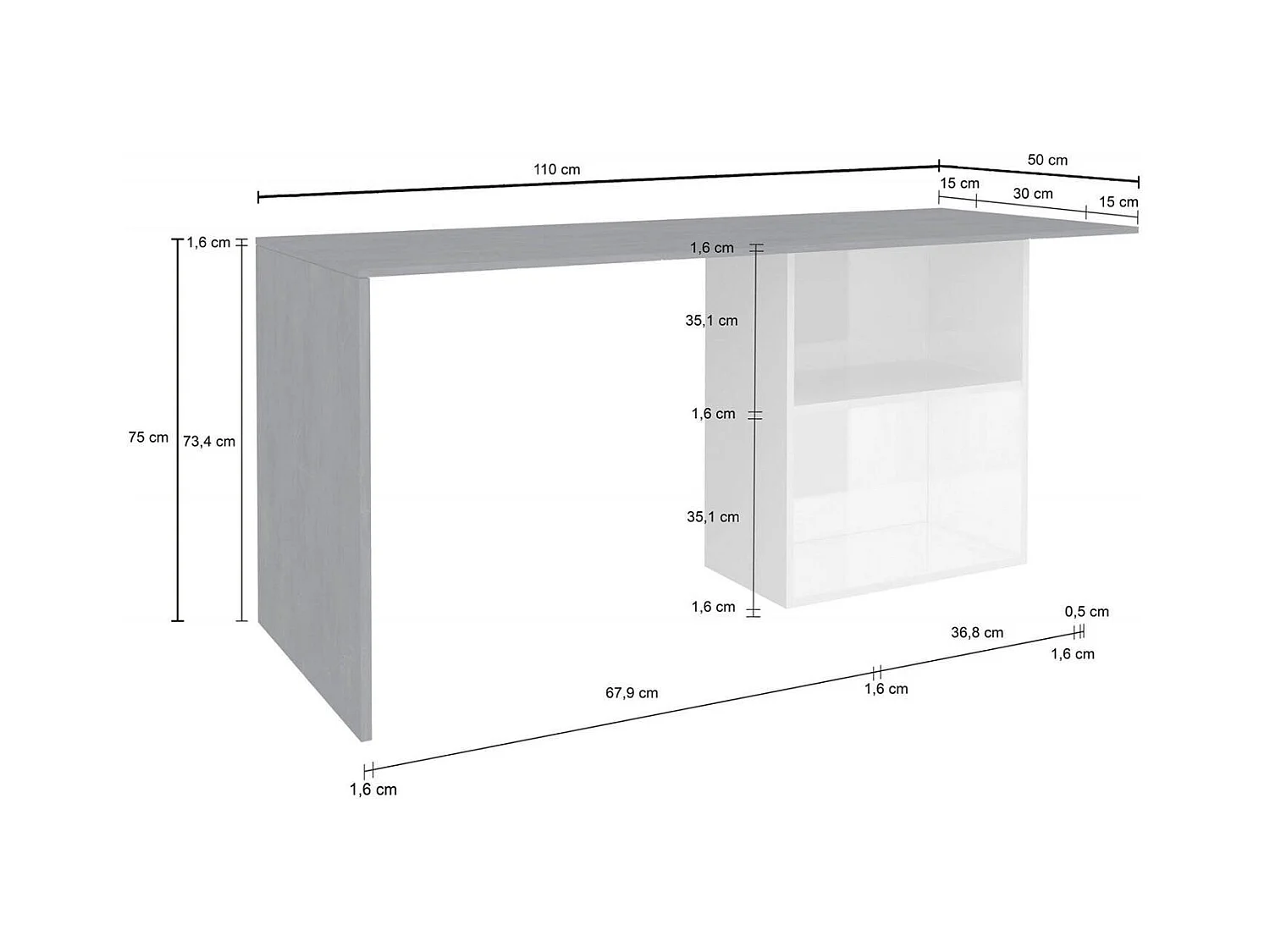 Dmait bureau, Lineair PC-bureau, Multifunctionele kantoortafel, Ruimtebesparend bureau, 100% Made in Italy, 110x50h75 cm, Glanzend wit en leisteen