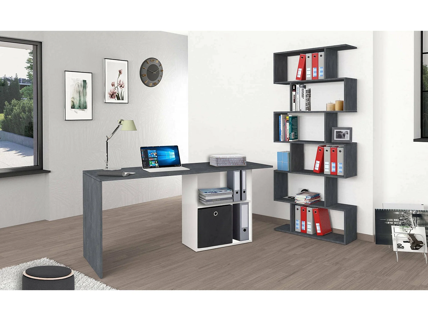 Dmait bureau, Lineair PC-bureau, Multifunctionele kantoortafel, Ruimtebesparend bureau, 100% Made in Italy, 110x50h75 cm, Glanzend wit en leisteen