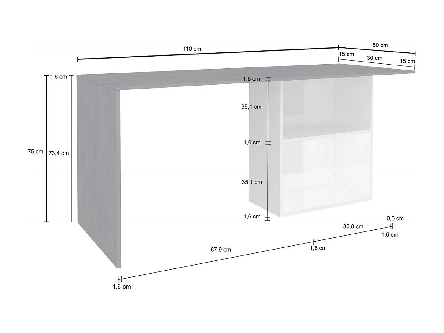 Mesa Dmait, Mesa Linear para PC, Mesa de escritório multiuso, Mesa que economiza espaço, 100% Fabricado na Itália, 110x50h75 cm, Branco brilhante e ardósia