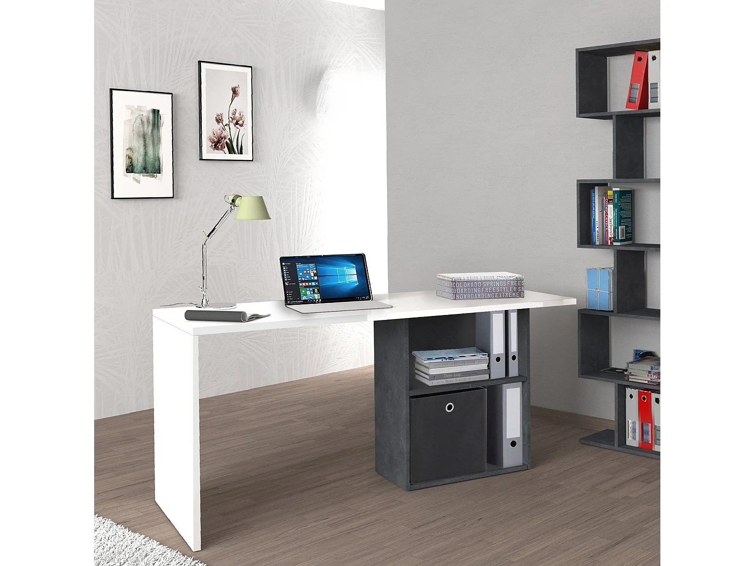 Dmait bureau, Lineair PC-bureau, Multifunctionele kantoortafel, Ruimtebesparend bureau, 100% Made in Italy, 110x50h75 cm, Glanzend wit en leisteen