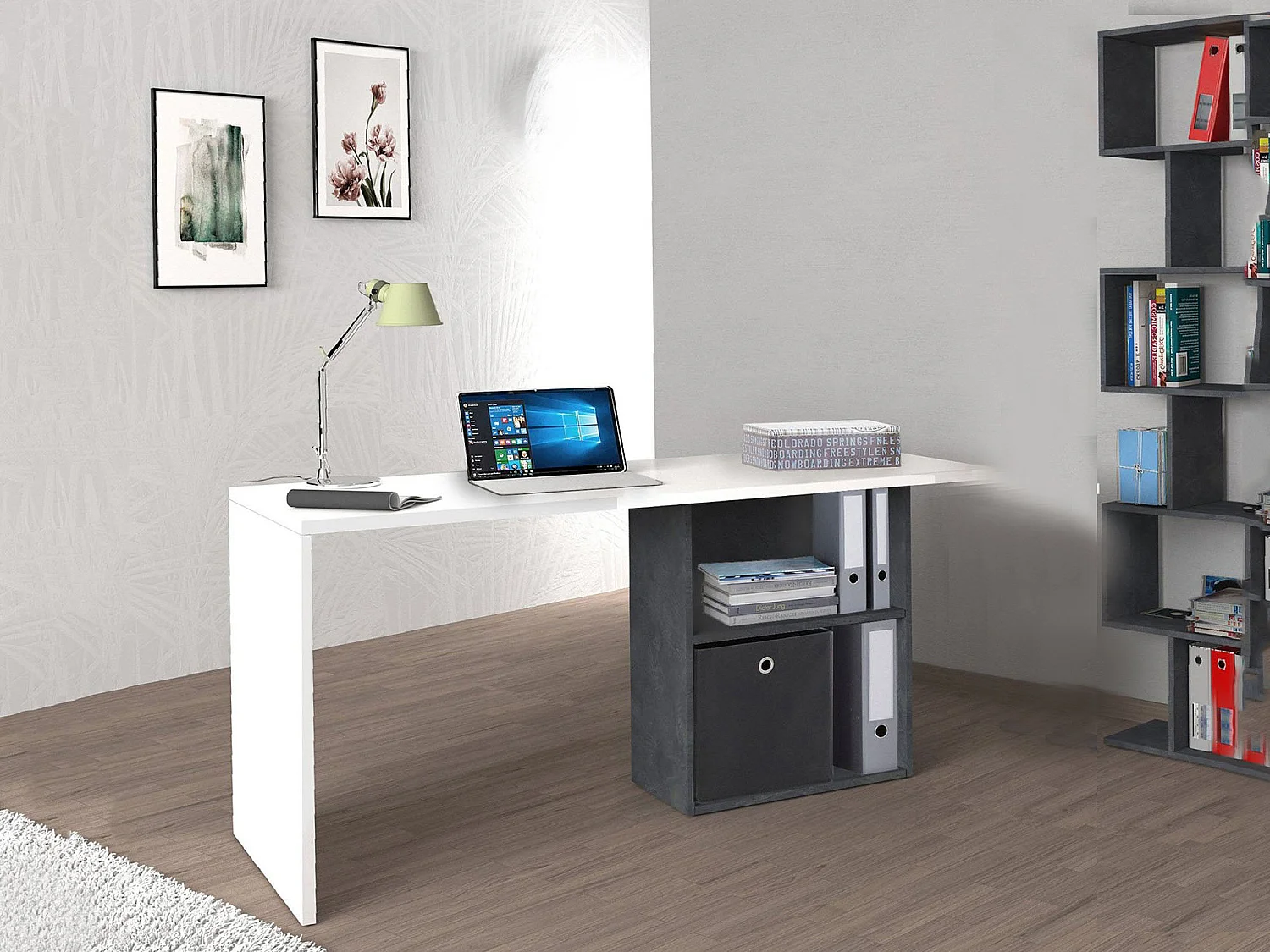 Bureau Dmait, Bureau PC Linéaire, Table de bureau polyvalente, Bureau peu encombrant, 100% Made in Italy, 110x50h75 cm, Blanc brillant et ardoise
