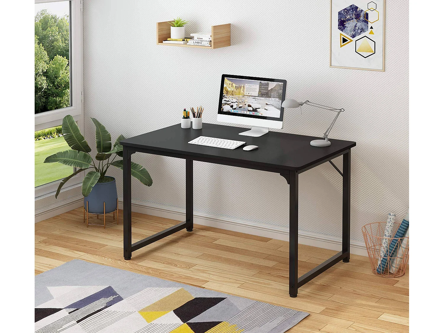 Bureau Sedaví, Bureau linéaire, Bureau polyvalent, Bureau fixe peu encombrant, 60x140h74 cm, Noir