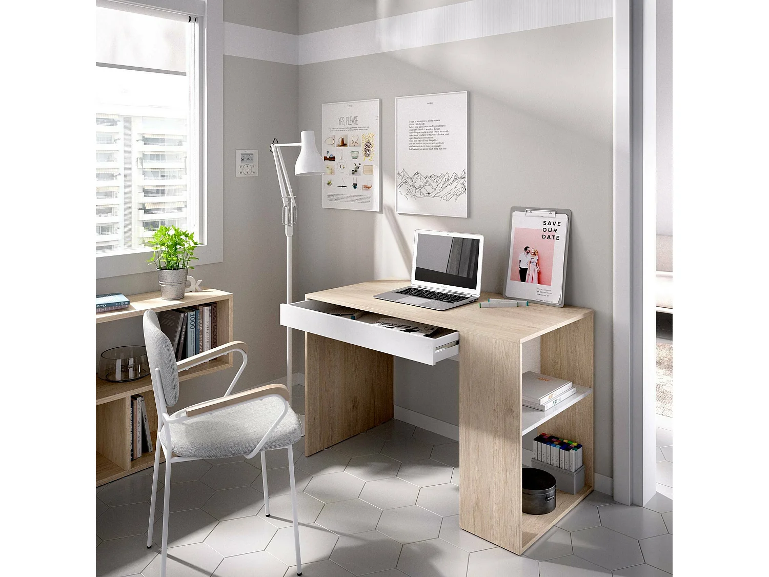 Grigna Bureau, Multifunctioneel bureau voor kantoor of slaapkamer, Lineaire studeertafel met planken, 115x50h74 cm, Eiken en wit