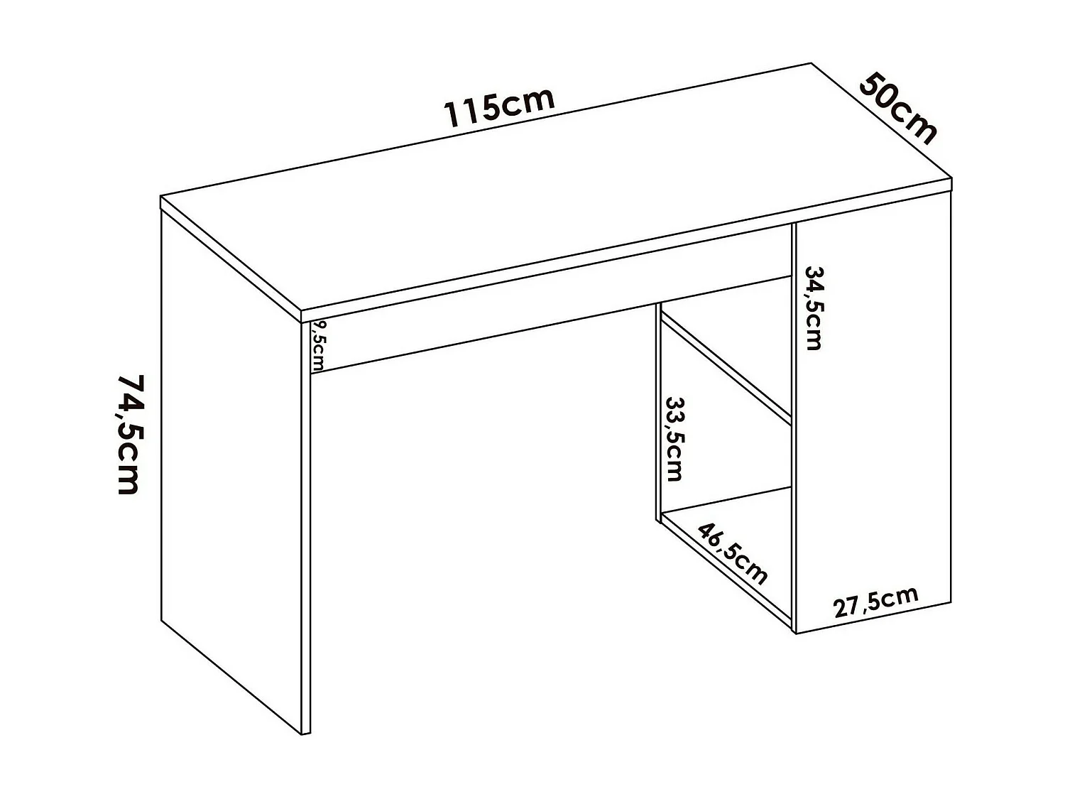 Grigna Bureau, Multifunctioneel bureau voor kantoor of slaapkamer, Lineaire studeertafel met planken, 115x50h74 cm, Eiken en wit