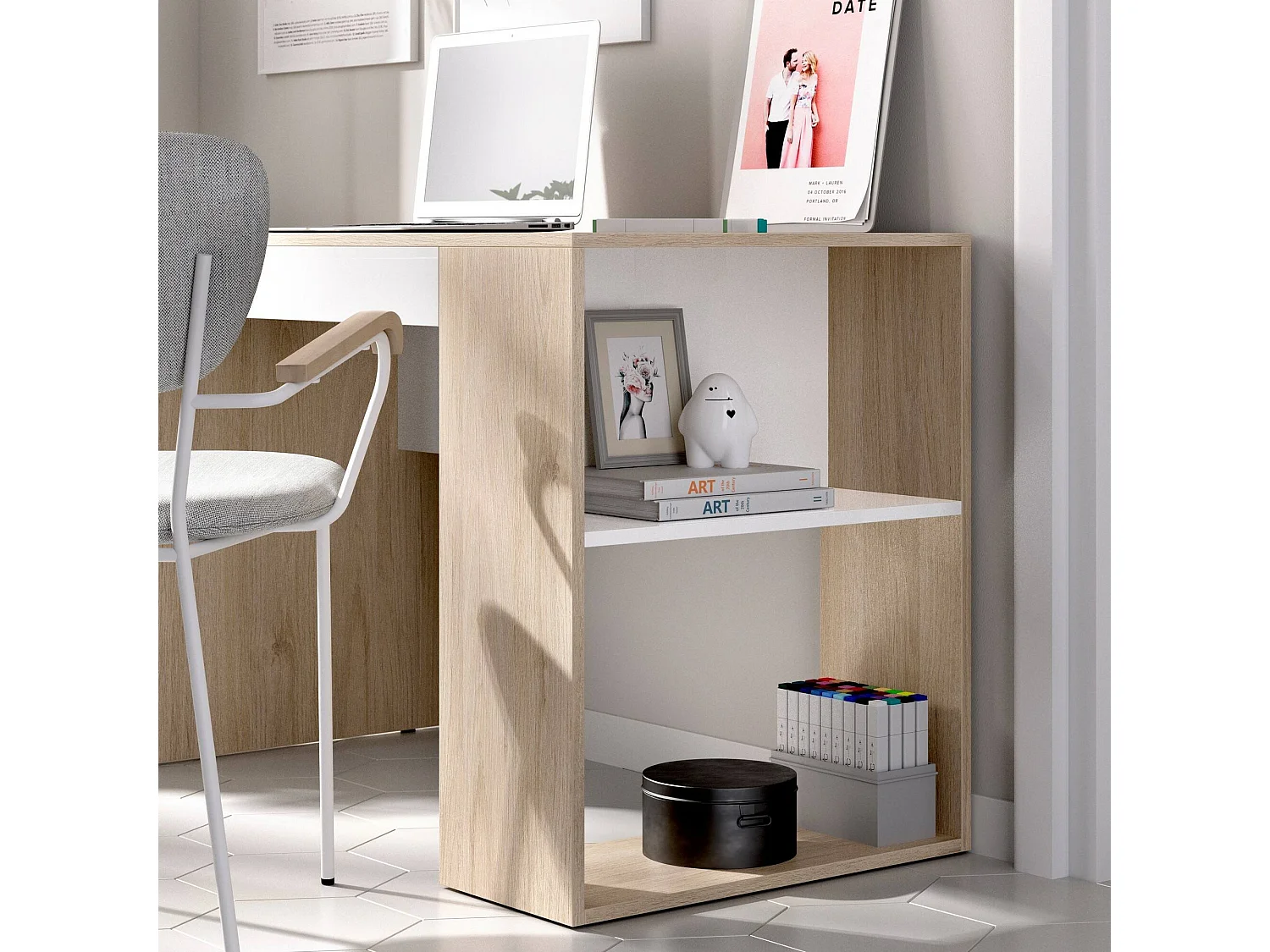 Grigna Bureau, Multifunctioneel bureau voor kantoor of slaapkamer, Lineaire studeertafel met planken, 115x50h74 cm, Eiken en wit