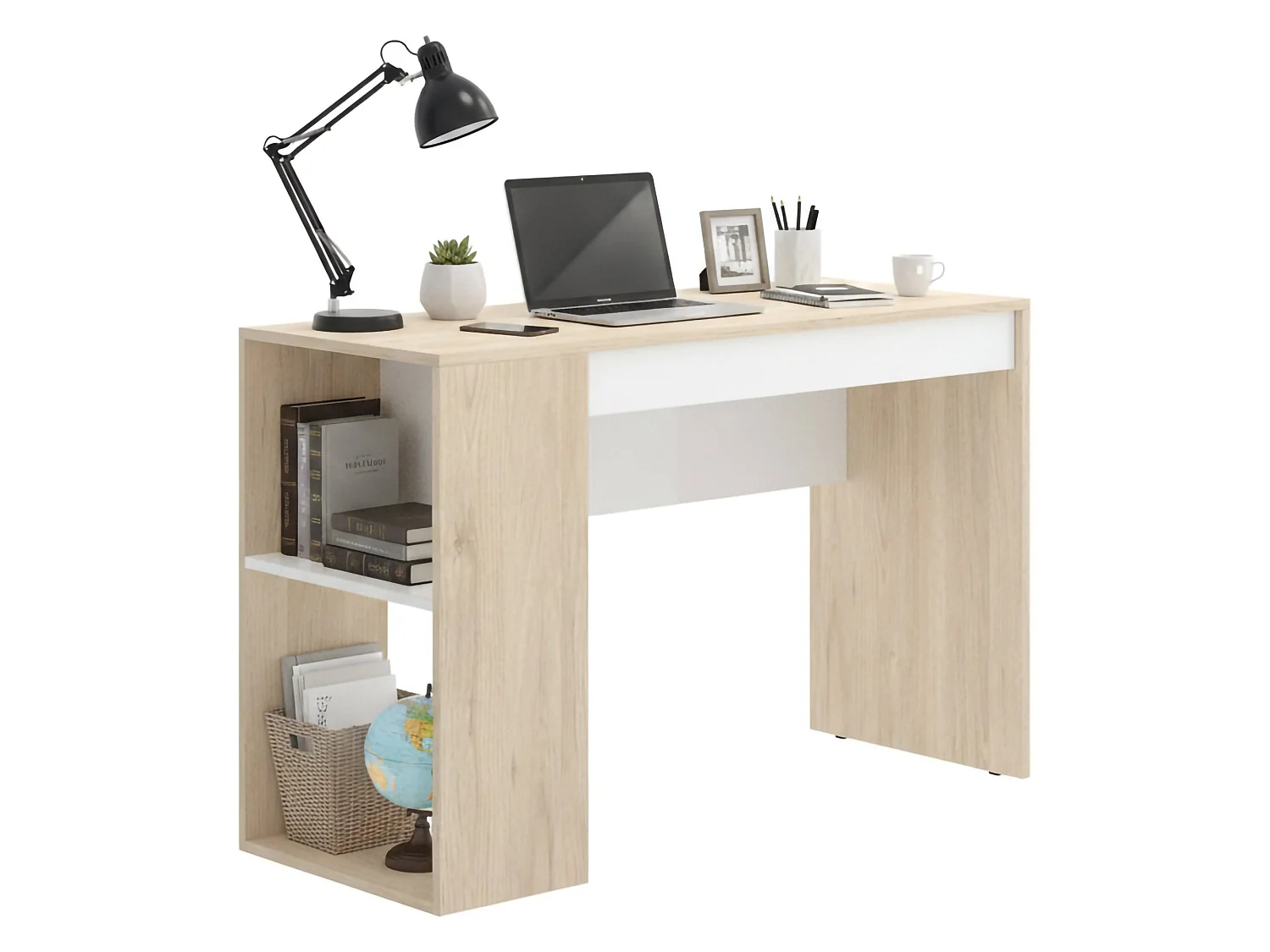 Bureau Grigna, Bureau polyvalent pour le bureau ou la chambre, Table d'étude linéaire avec étagères, 115x50h74 cm, Chêne et Blanc