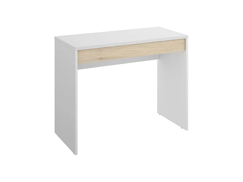 Bureau perforé, Bureau polyvalent peu encombrant, Table d'étude linéaire avec 1 tiroir, 90x50h74 cm, Blanc et Chêne