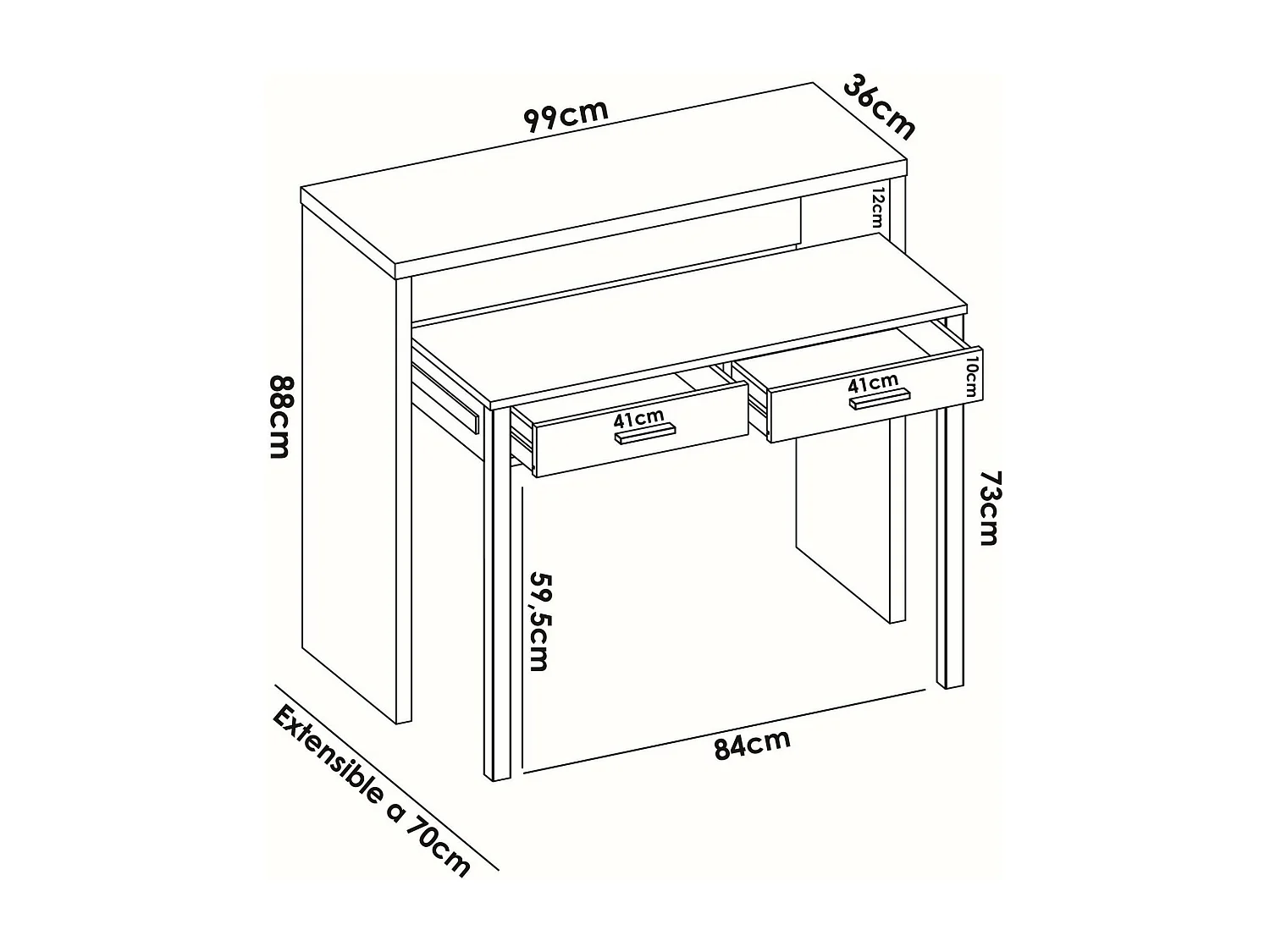 Bureau Losetta, Bureau multi-positions avec plateau extractible, Console d'étude linéaire avec 2 tiroirs, 99x70h88 cm, Blanc