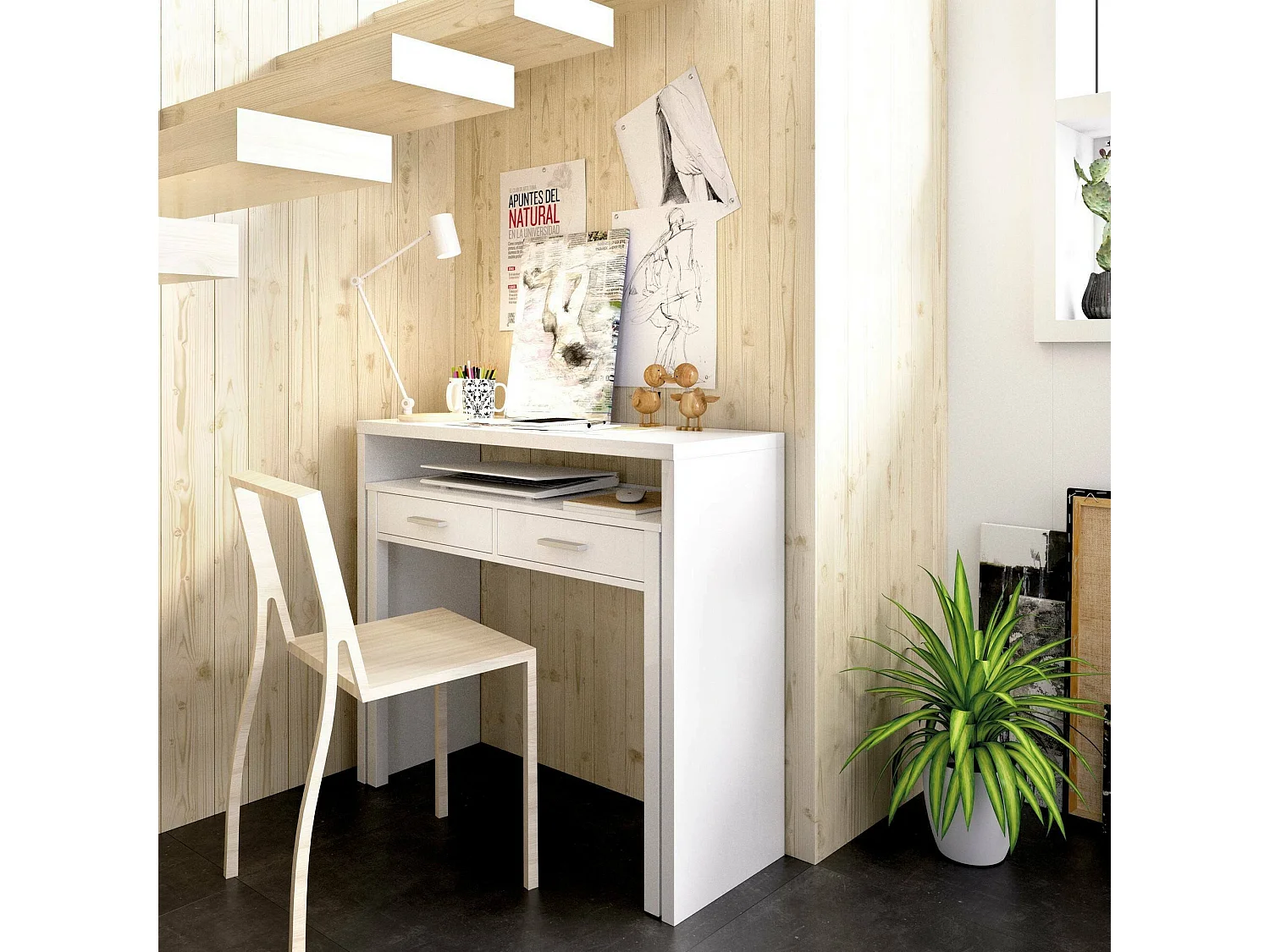 Dmora Scrivania Losetta 70x99x88h cm Bianco Lucido 2 Cassetti Modulabile, Materiale Piano in Legno Nobilitato