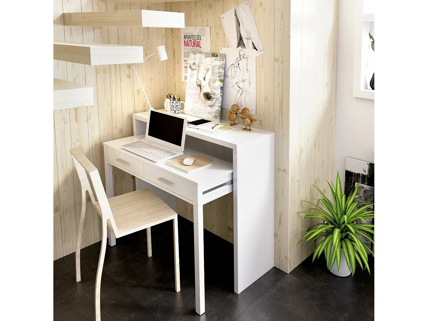 Dmora Scrivania Losetta 70x99x88h cm Bianco Lucido 2 Cassetti Modulabile, Materiale Piano in Legno Nobilitato