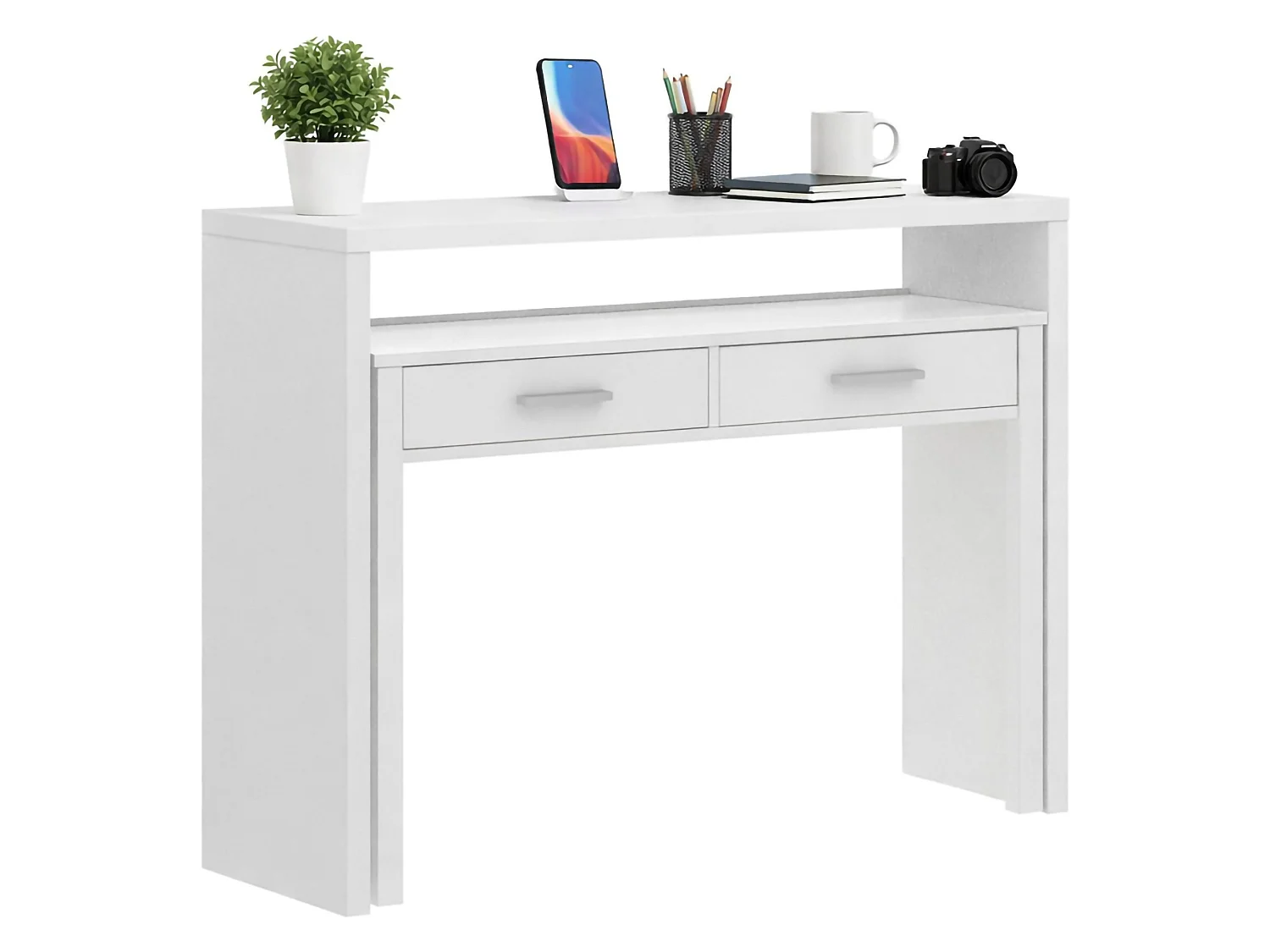 Dmora Scrivania Losetta 70x99x88h cm Bianco Lucido 2 Cassetti Modulabile, Materiale Piano in Legno Nobilitato