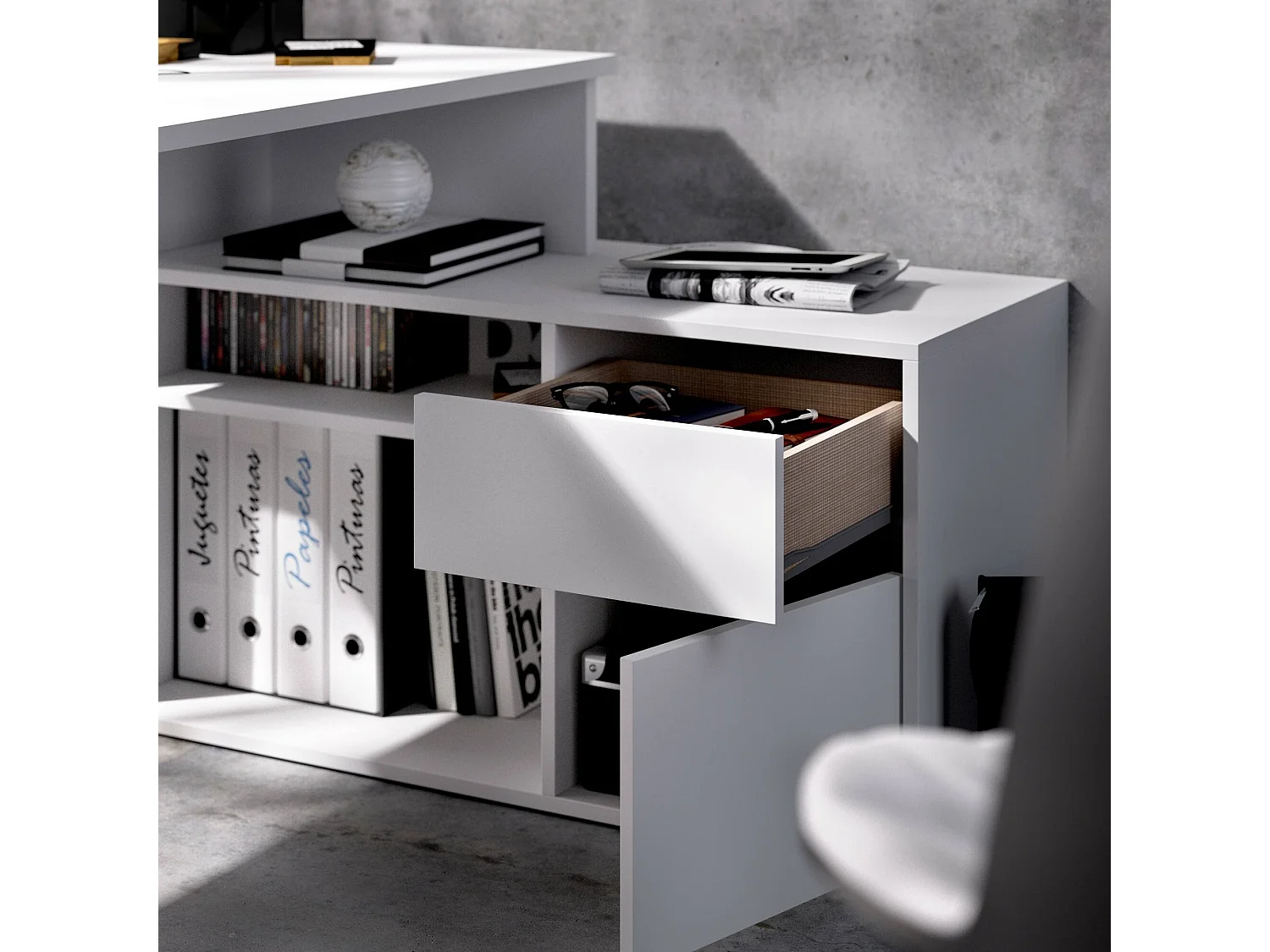 Bureau Gardena, Bureau multi-positions pour le bureau ou la chambre, Table d'étude d'angle polyvalente, 139x92h75 cm, Blanc