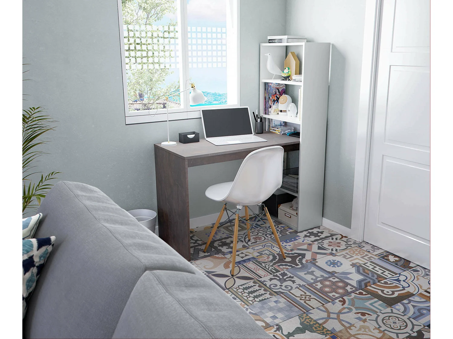 Bureau Dacarte, Bureau multifonction réversible avec bibliothèque 5 étagères, Table d'étude ou de bureau pour support livre PC, 120x53h144 cm, Blanc et Oxyde