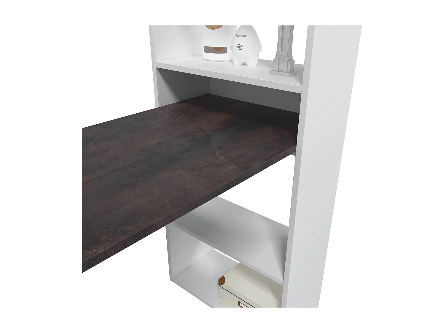 Bureau Dacarte, Bureau multifonction réversible avec bibliothèque 5 étagères, Table d'étude ou de bureau pour support livre PC, 120x53h144 cm, Blanc et Oxyde