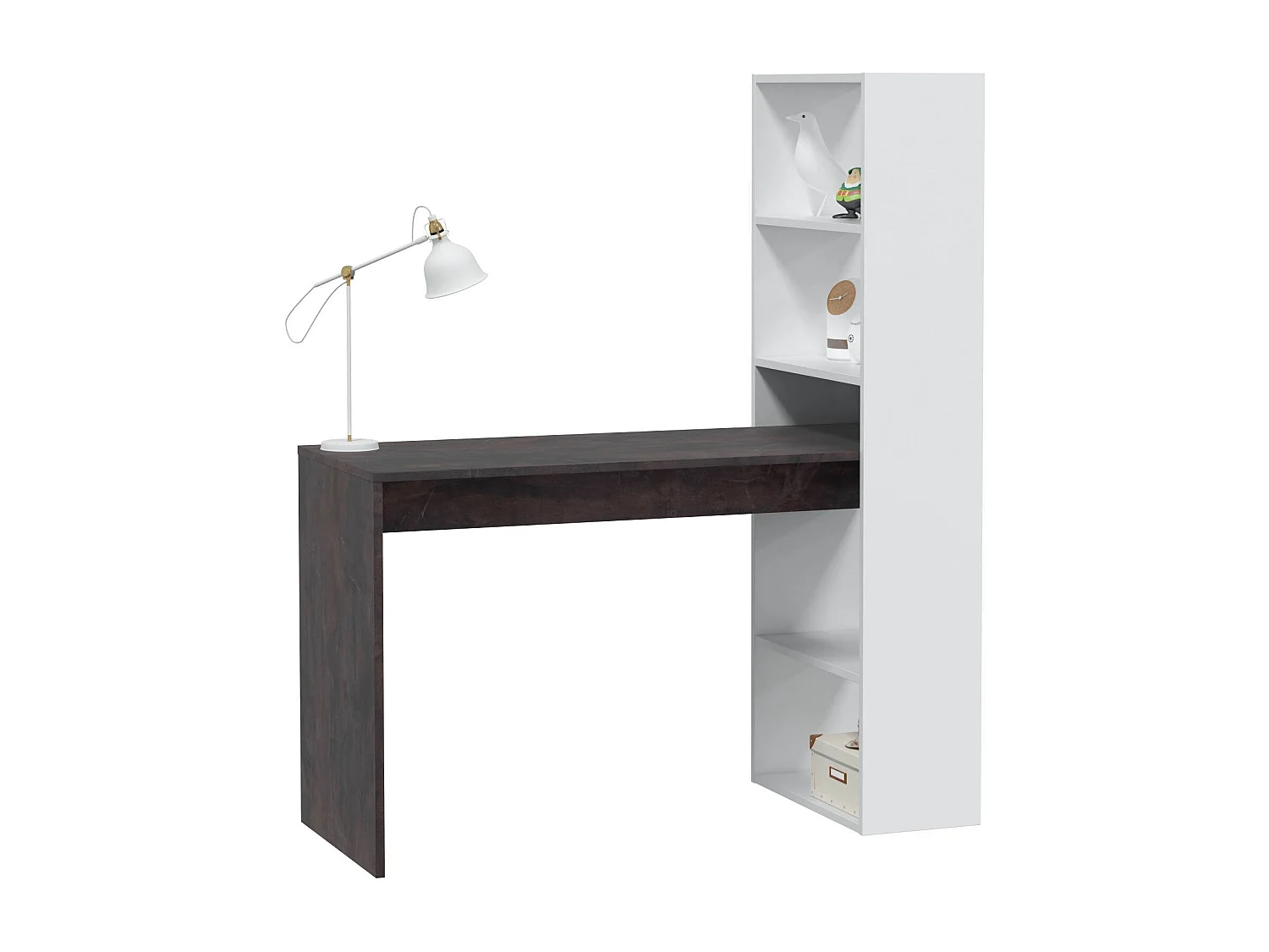 Bureau Dacarte, Bureau multifonction réversible avec bibliothèque 5 étagères, Table d'étude ou de bureau pour support livre PC, 120x53h144 cm, Blanc et Oxyde