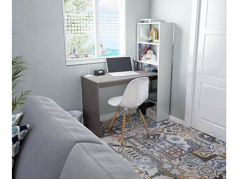 Dacarte Bureau, Omkeerbaar multifunctioneel bureau met boekenkast met 5 planken, Studeer- of kantoortafel voor pc-boekenhouder, 120x53h144 cm, Wit en Oxide