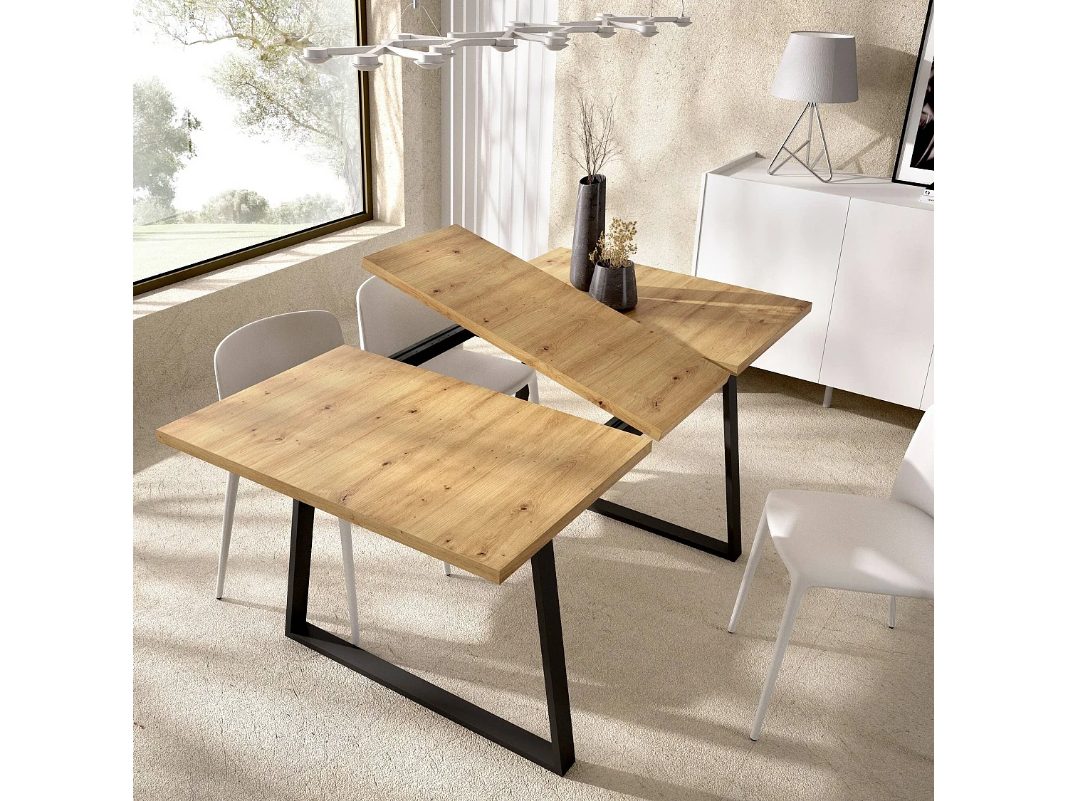 Ausziehbarer-Tisch Canale, Mehrzweck-Esskonsole, rechteckiger Küchen- oder Esszimmertisch, 160 x 90 x 75 cm, Nodi-Eiche