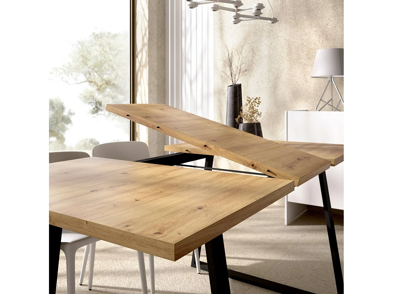 Ausziehbarer-Tisch Canale, Mehrzweck-Esskonsole, rechteckiger Küchen- oder Esszimmertisch, 160 x 90 x 75 cm, Nodi-Eiche