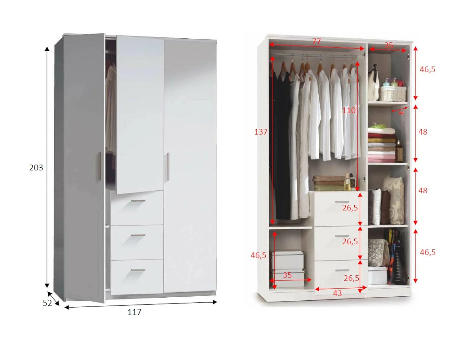 Garderobe Providence, Schlafzimmer Kleiderschrank mit 3 Flügeltüren, Schrank mit Kleiderstange und 3 Einlegeböden, 117x52h203 cm, Weiß