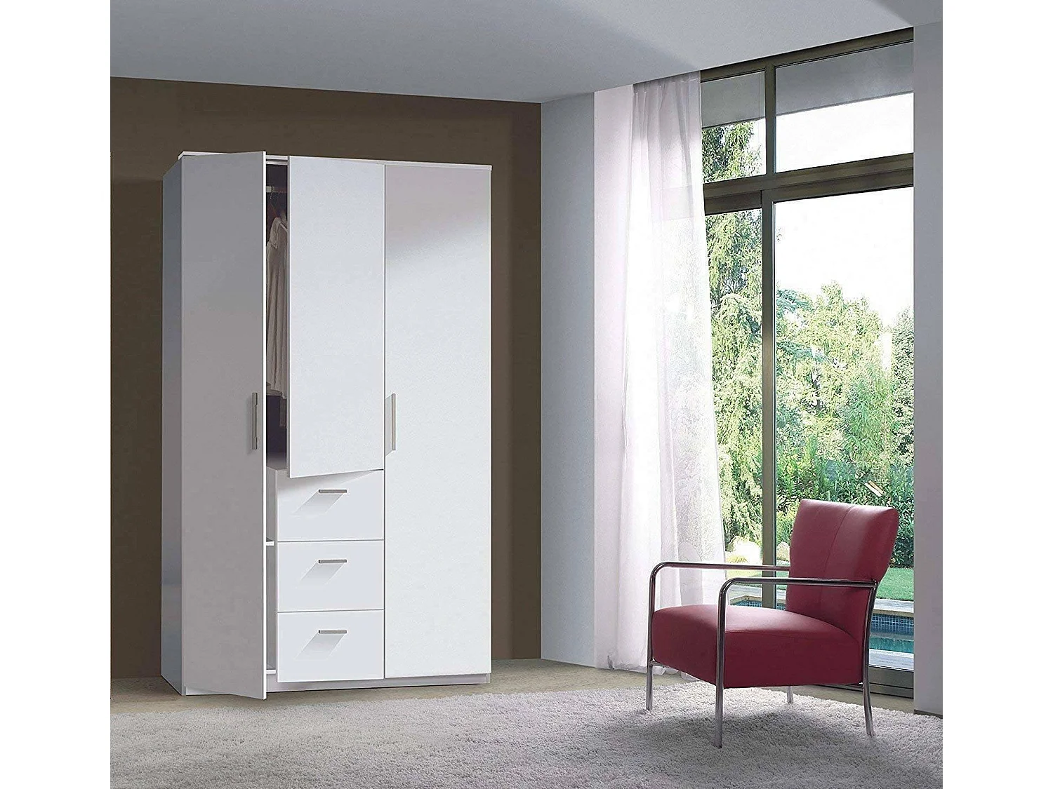 Garderobe Providence, Schlafzimmer Kleiderschrank mit 3 Flügeltüren, Schrank mit Kleiderstange und 3 Einlegeböden, 117x52h203 cm, Weiß