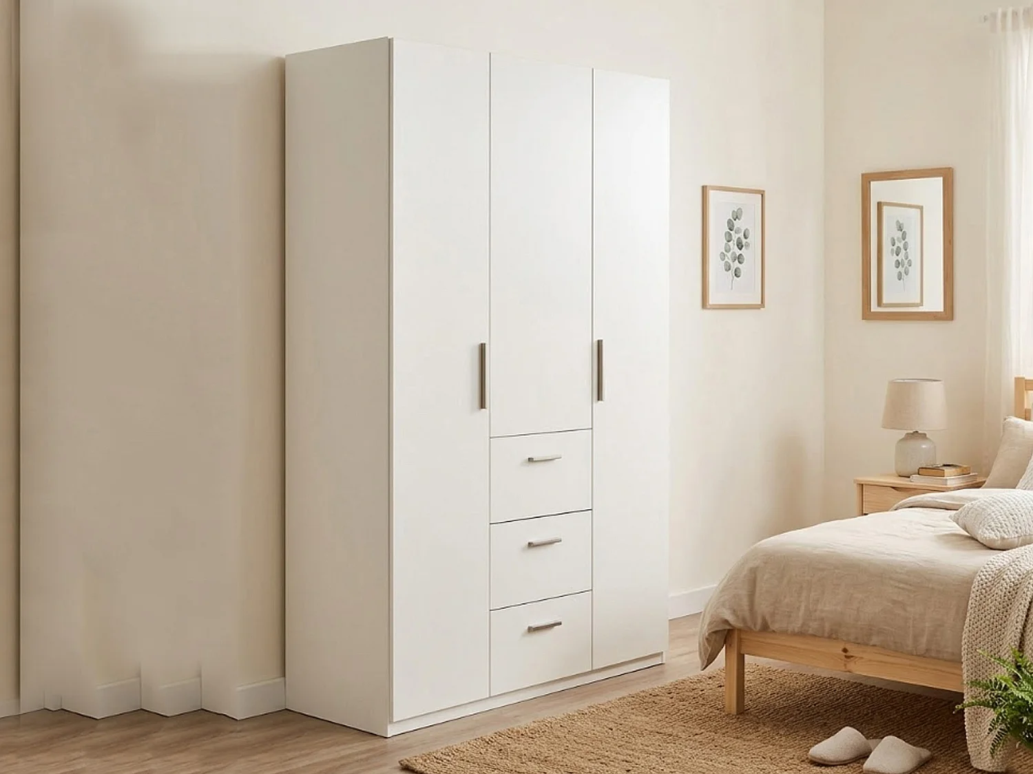 Armoire Providence, Armoire de chambre avec 3 portes battantes, Armoire avec tringle à vêtements et 3 étagères, 117x52h203 cm, Blanc