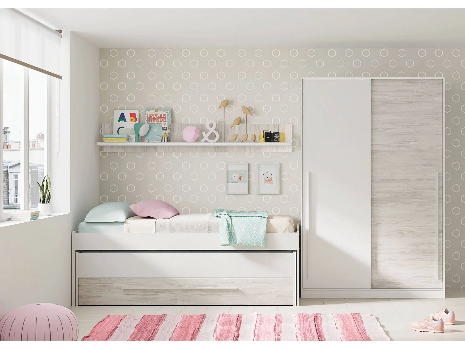 Garderobe Downey, Schlafzimmer Kleiderschrank mit 2 Schiebetüren, Schrank mit Kleiderstange und 3 Einlegeböden, 120x50h200 cm, AltWeiß