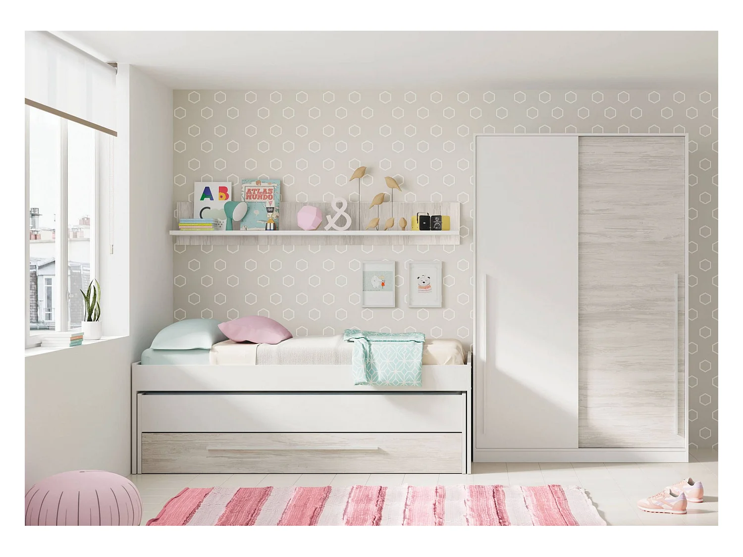 Garderobe Downey, Schlafzimmer Kleiderschrank mit 2 Schiebetüren, Schrank mit Kleiderstange und 3 Einlegeböden, 120x50h200 cm, AltWeiß