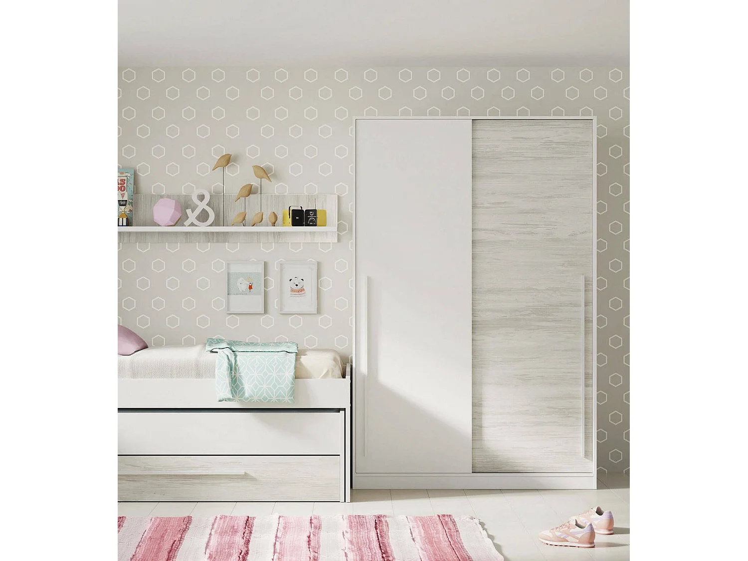 Downey Armoire, Armoire de Chambre avec 2 Portes coulissantes, Armoire avec Barre de Suspension et 3 étagères, 120x50h200 cm, Blanc Antique