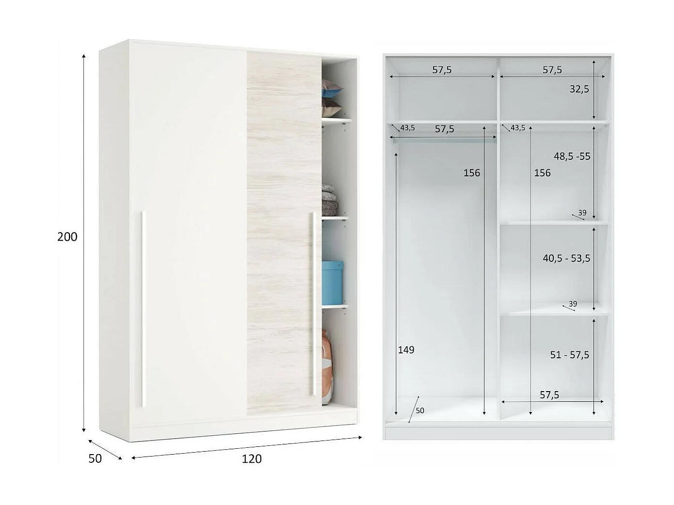 Dmora Kledingkast 2 Deuren Downey 50x200h cm Wit Antiek Garderobe 4 Planken, Slaapkamerkast Laden