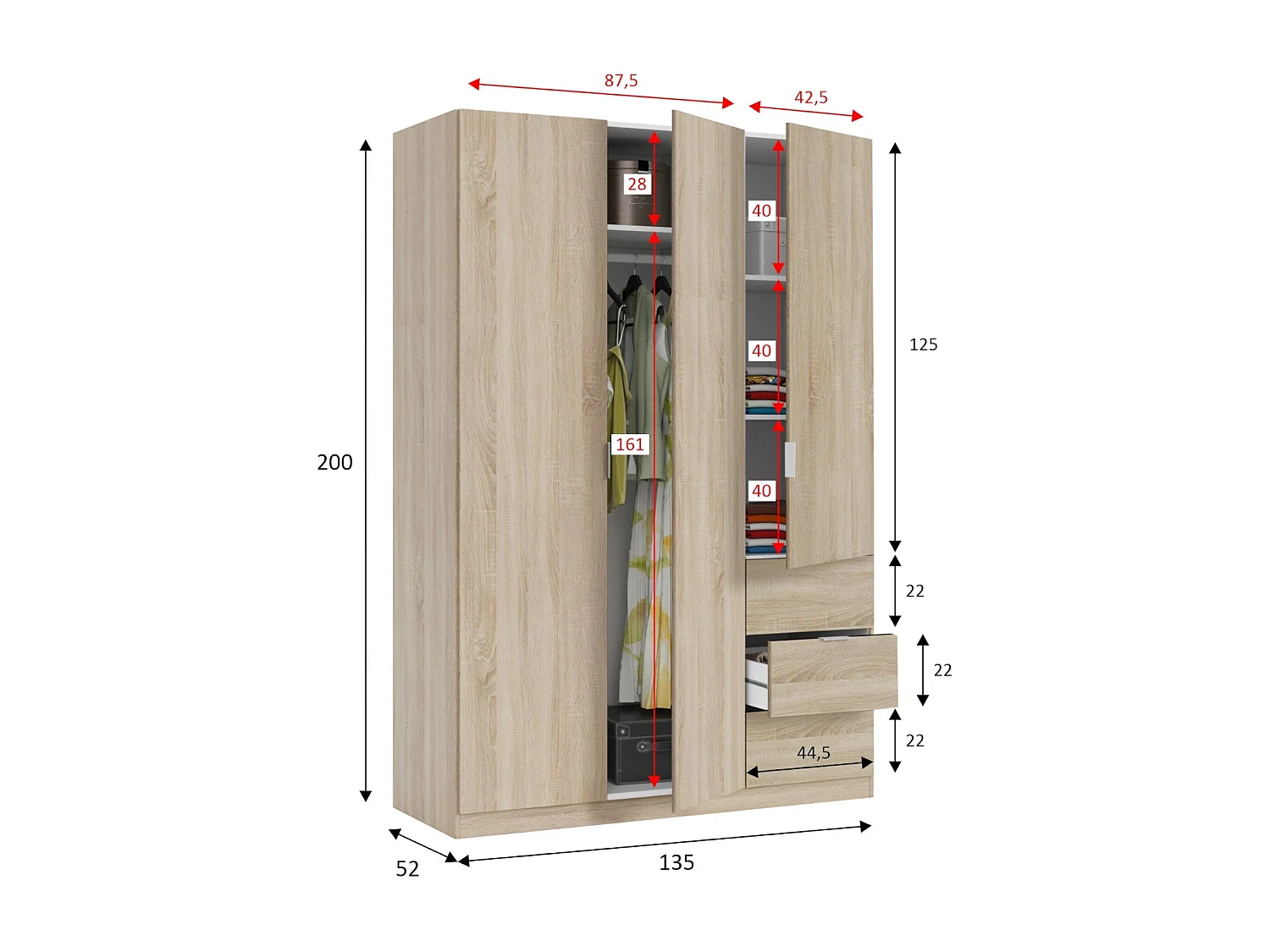 Armoire Fullerton, Armoire de chambre avec 3 portes et 3 tiroirs, Armoire avec 3 étagères et tringle à vêtements, 135x52h200 cm, Chêne