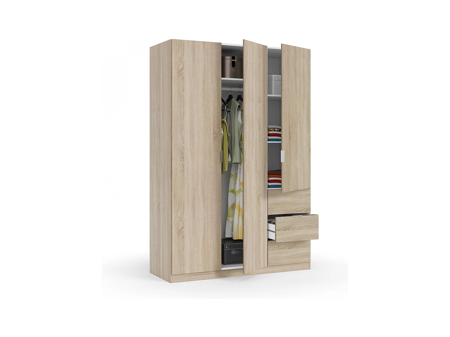 Fullerton Kledingkast, Slaapkamerkast met 3 deuren en 3 laden, Kast met 3 planken en kledingroede, 135x52h200 cm, Eiken