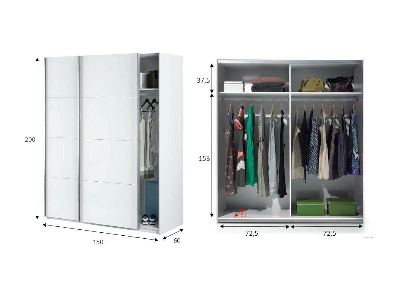 Armoire Ponce, Armoire de chambre avec 2 portes coulissantes, Armoire avec tringle à vêtements et 2 étagères, 150x60h200 cm, Blanc brillant